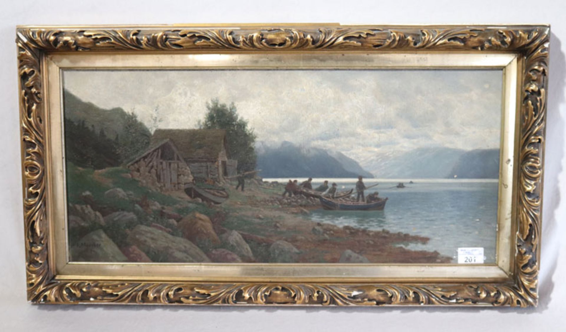 Gemälde ÖL/LW 'Fischerboote am Ufer eines Gebirgssees', signiert F. Maecker, Franz Wilhelm