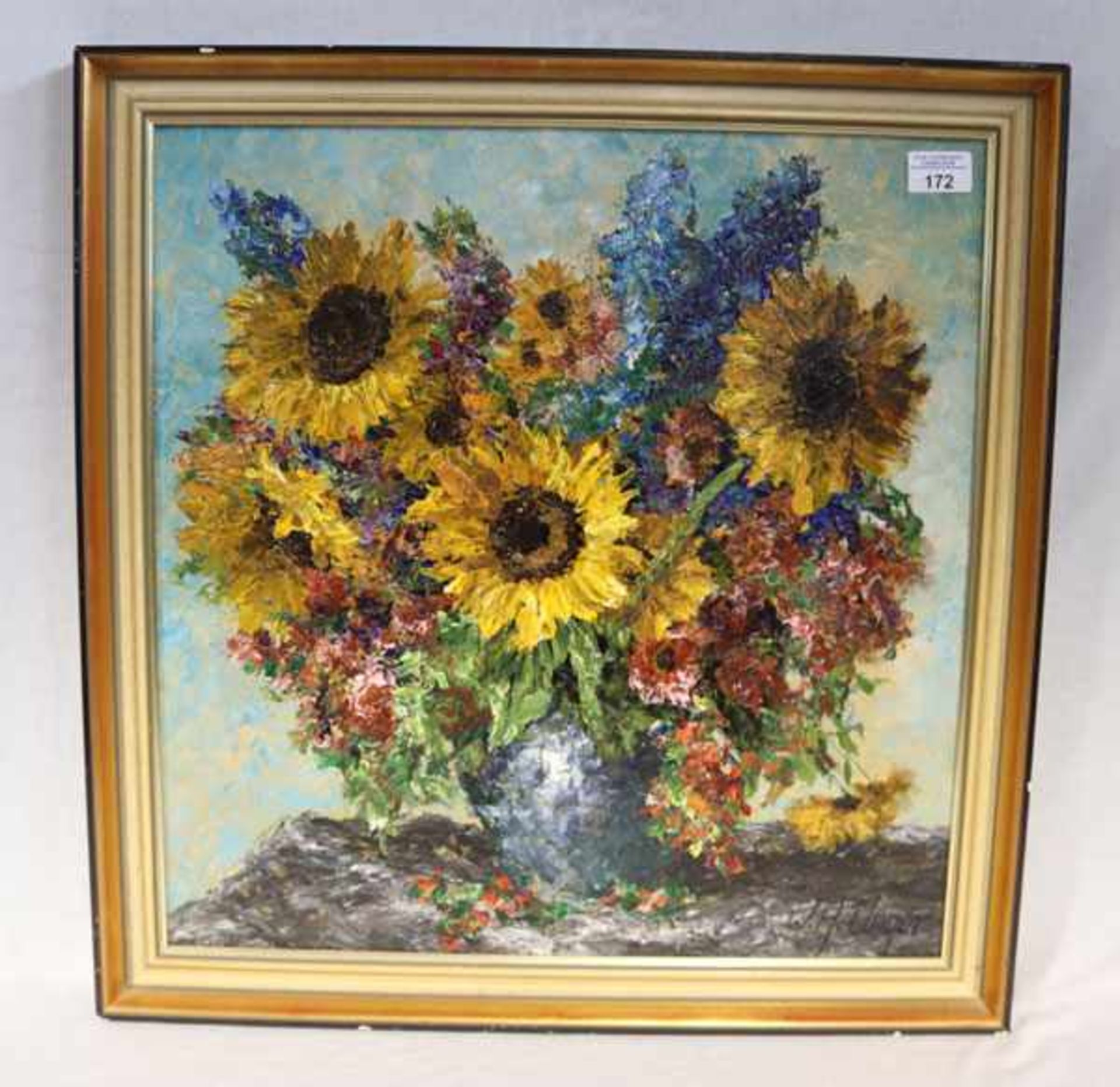 Gemälde ÖL/Hartfaser 'Bunter Strauß mit Sonnenblumen', signiert W. H. (Wolfgang Heinz) Unger, * 1929