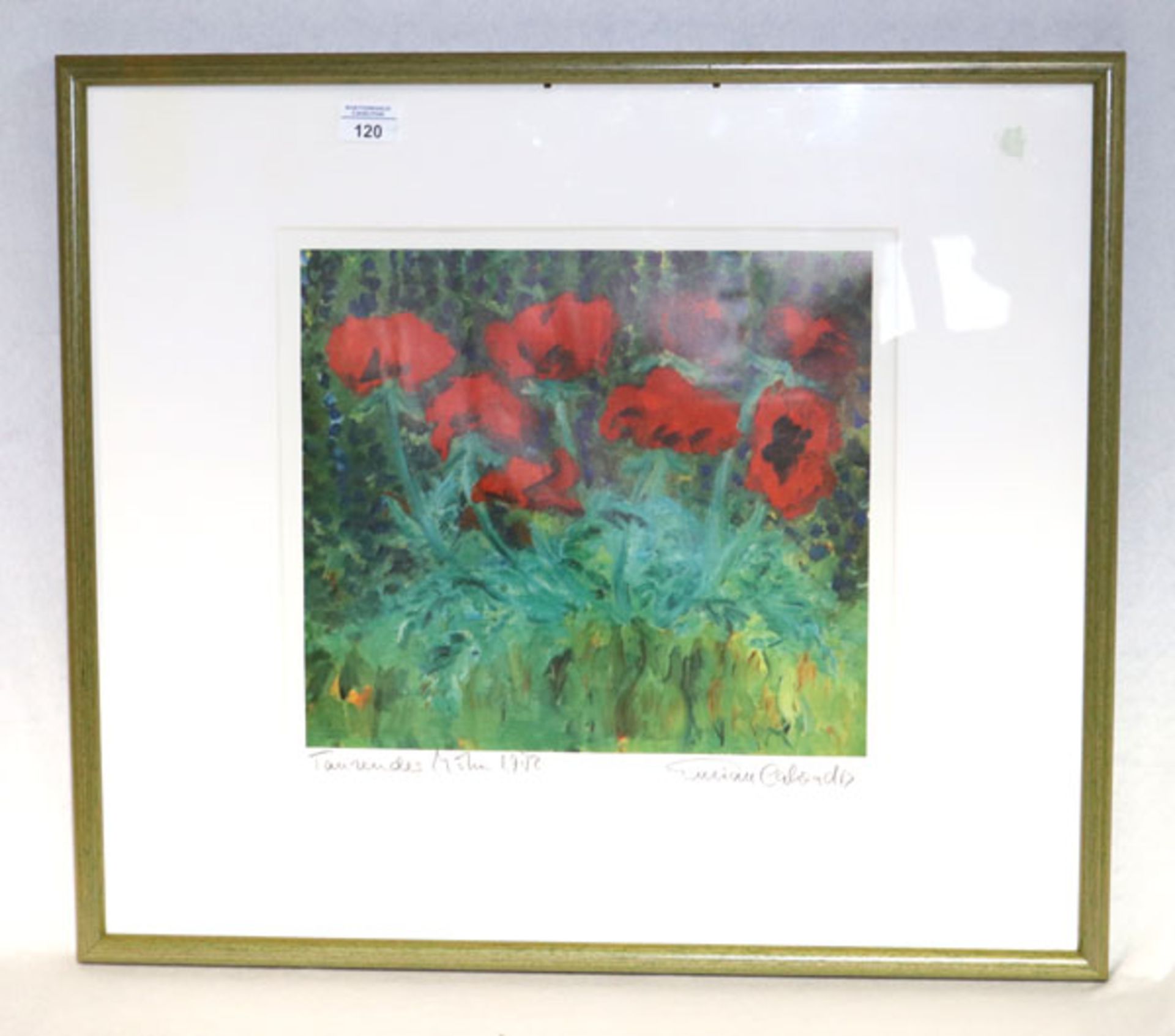 Gemälde Mischtechnik 'Tanzender Mohn', 1972, undeutlich signiert, mit Passepartout unter Glas