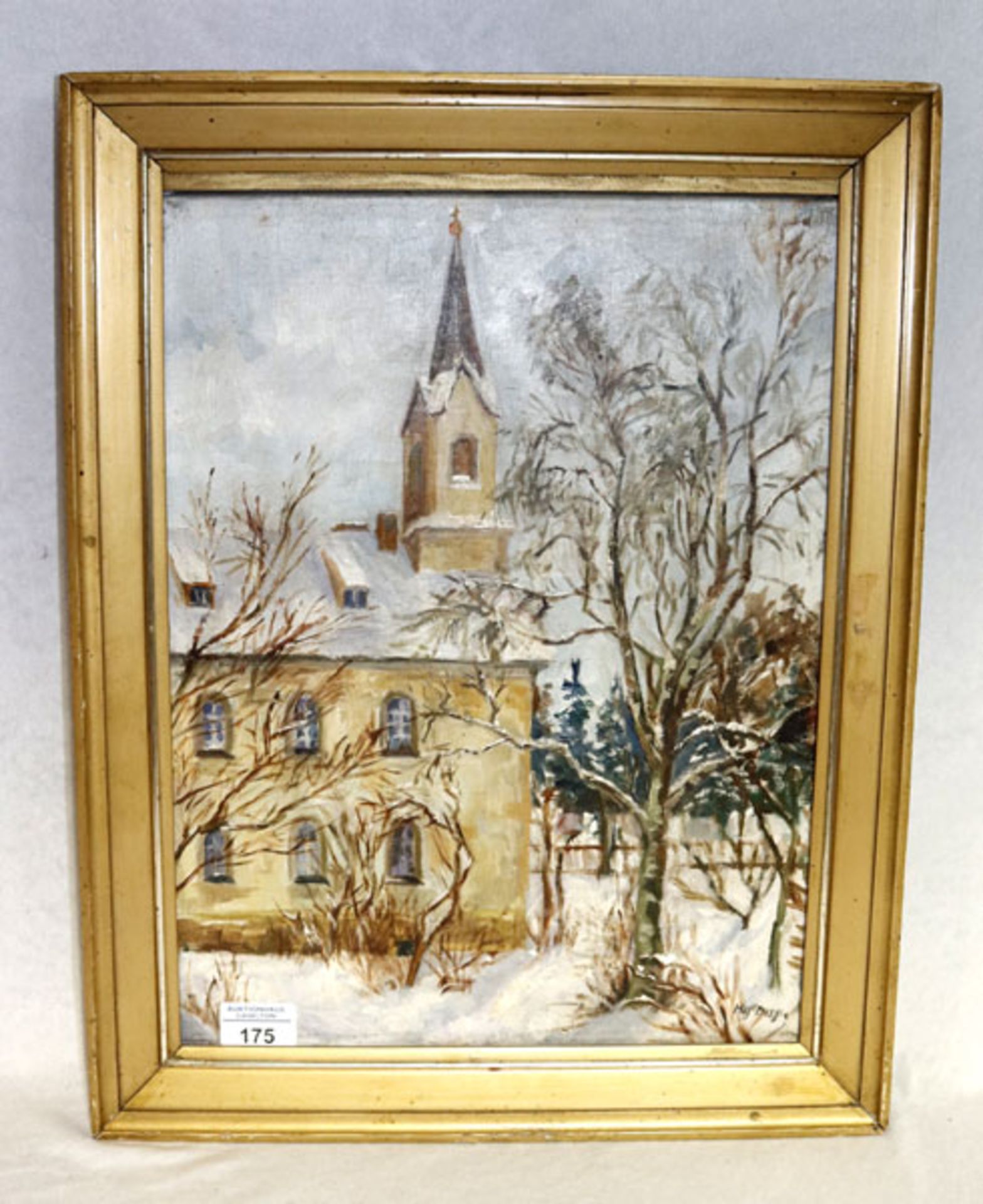 Gemälde ÖL/LW 'Kirche in Winterlandschaft, Feldkirchen bei München', signiert Hofbauer, Josef, *
