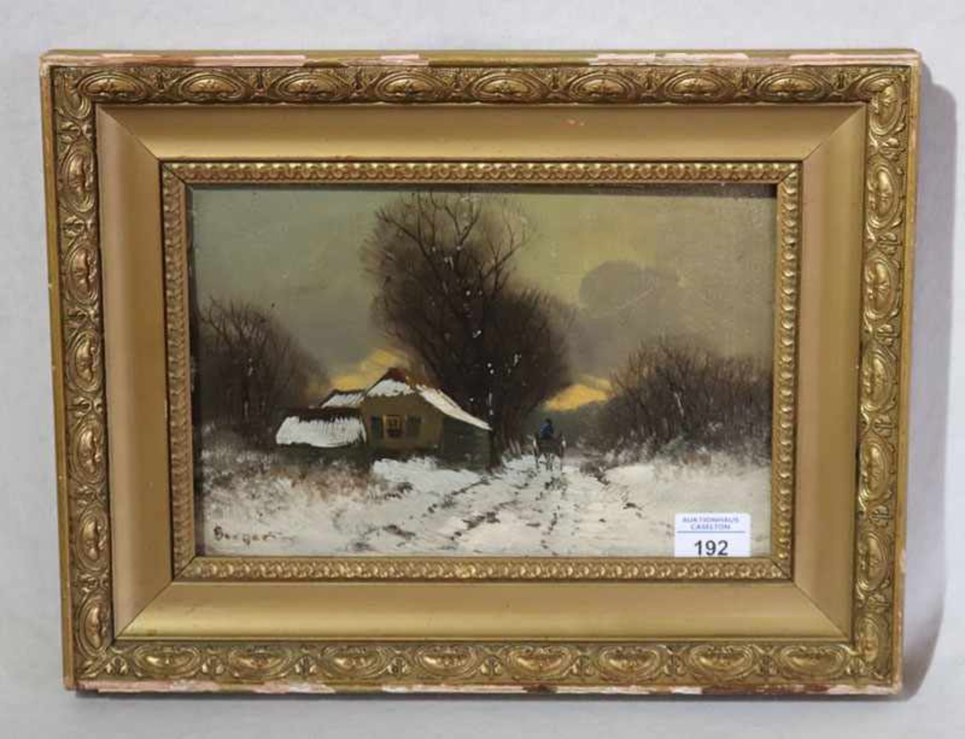 Gemälde ÖL/Holz 'Winterlandschaft mit Haus und Kutsche', signiert Berger, gerahmt, Rahmen