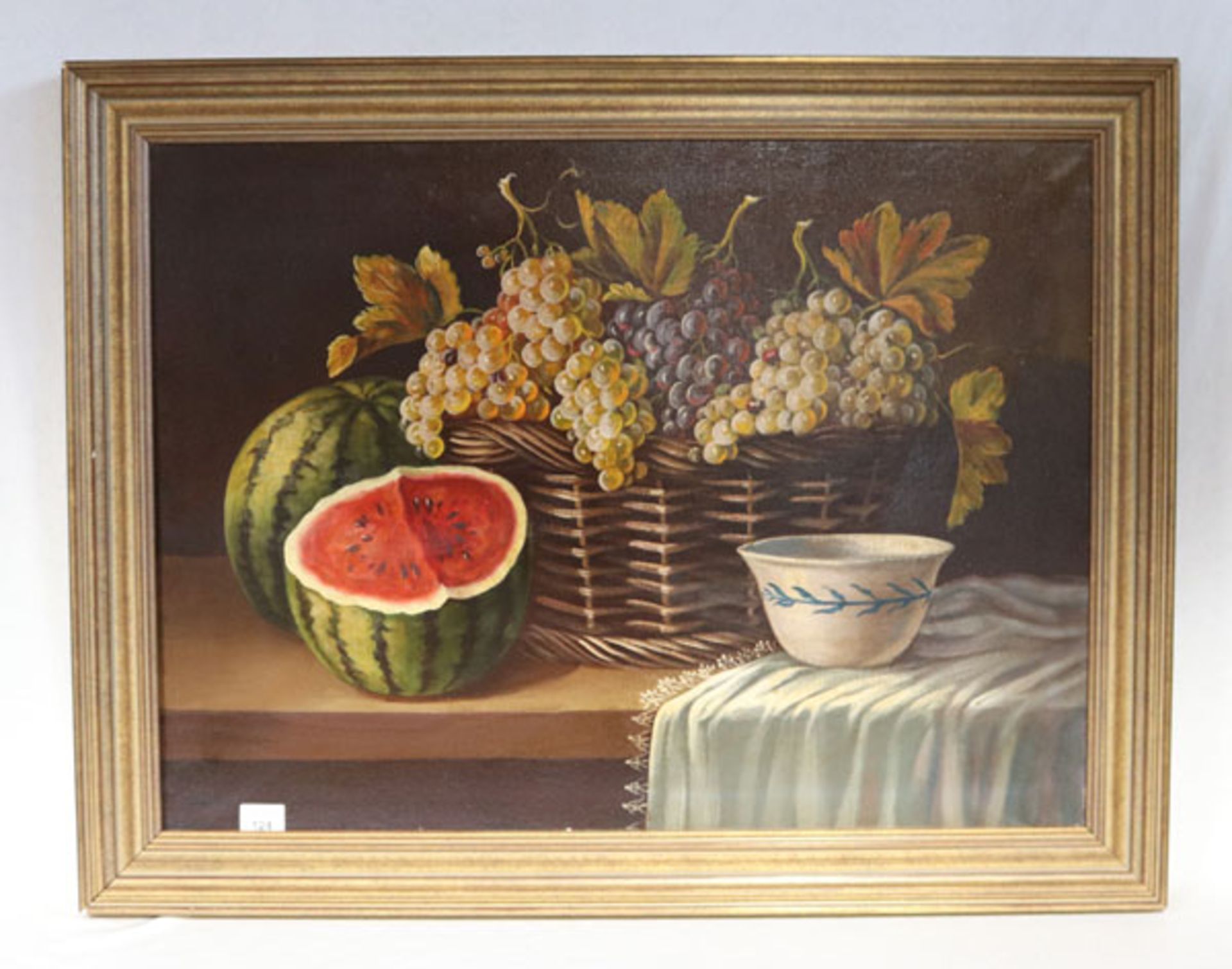 Gemälde ÖL/LW 'Stillleben mit Weintrauben und Wassermelone', gerahmt, Rahmen bestossen, incl. Rahmen