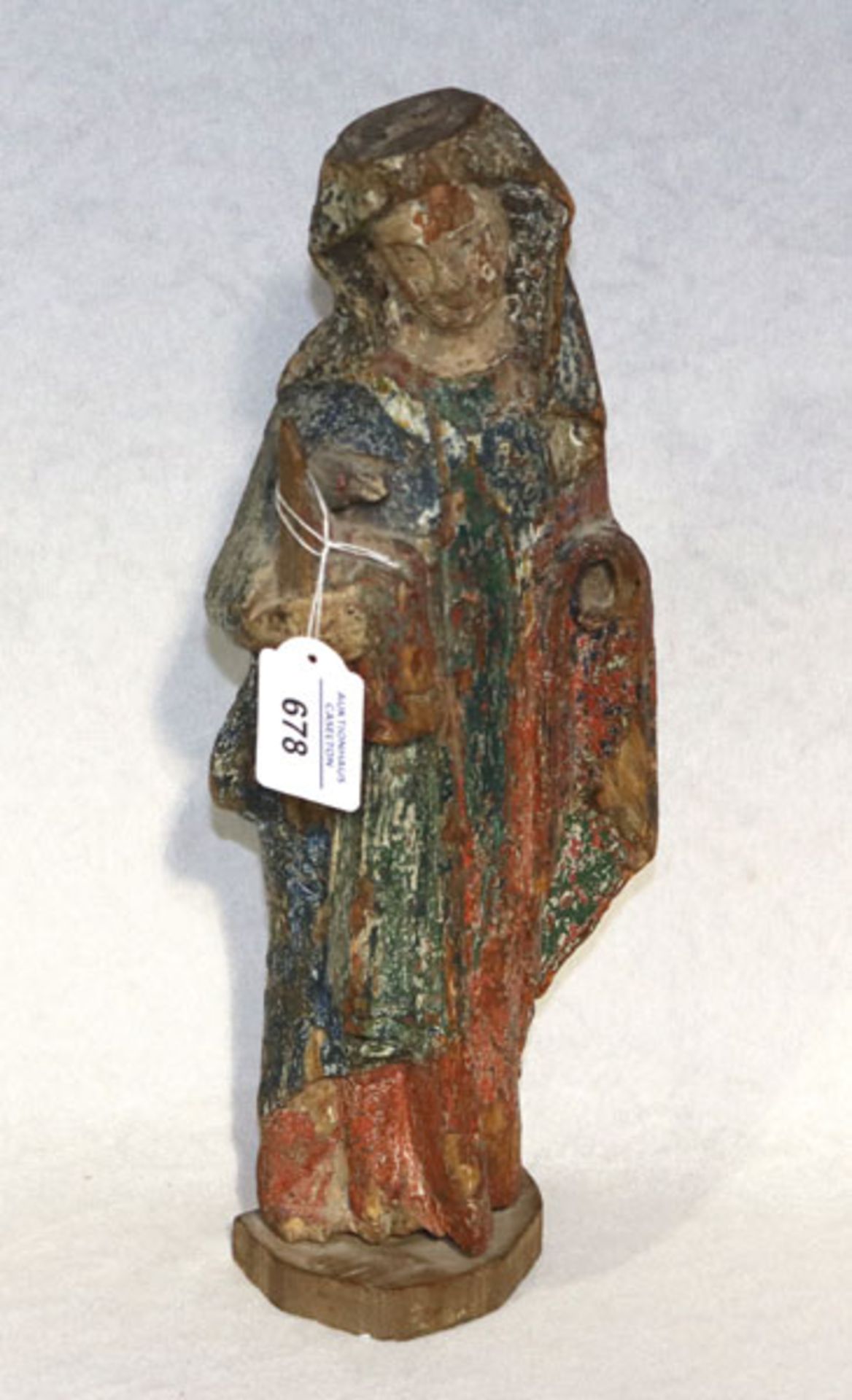 Holz Figurenskulptur 'Maria', Restfassung, um 1800, stark beschädigt und nicht komplett, H 37 cm