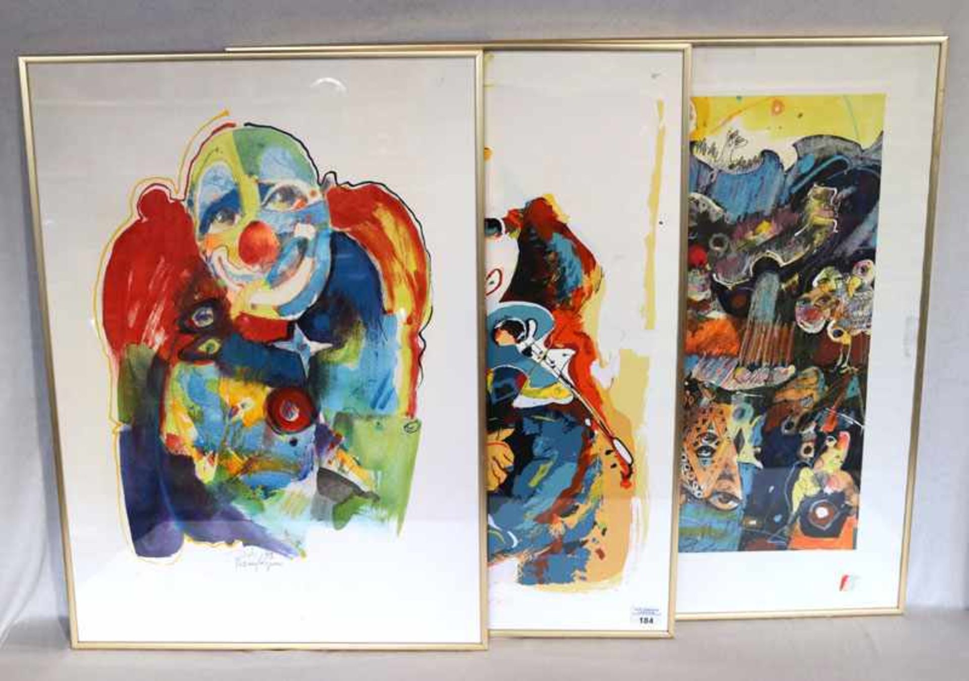 3 Gemälde Mischtechnik 'Clown's', unter Glas gerahmt, incl. Rahmen 71 cm x 50 cm, ein Blatt wellig