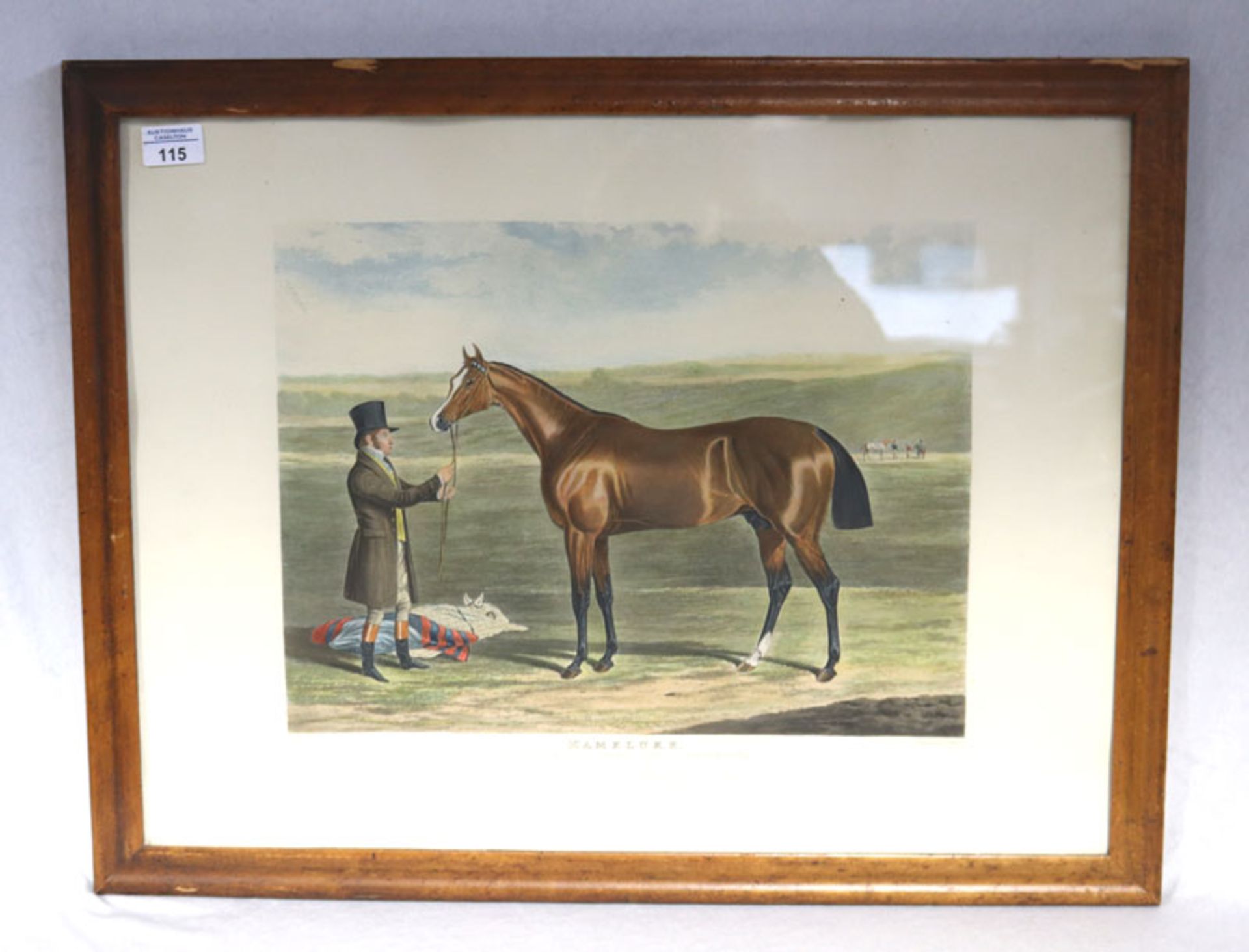 Stich, coloriert 'Mameluke - The winner of the Derby Stakes at Epson, 1827', unter Glas gerahmt,