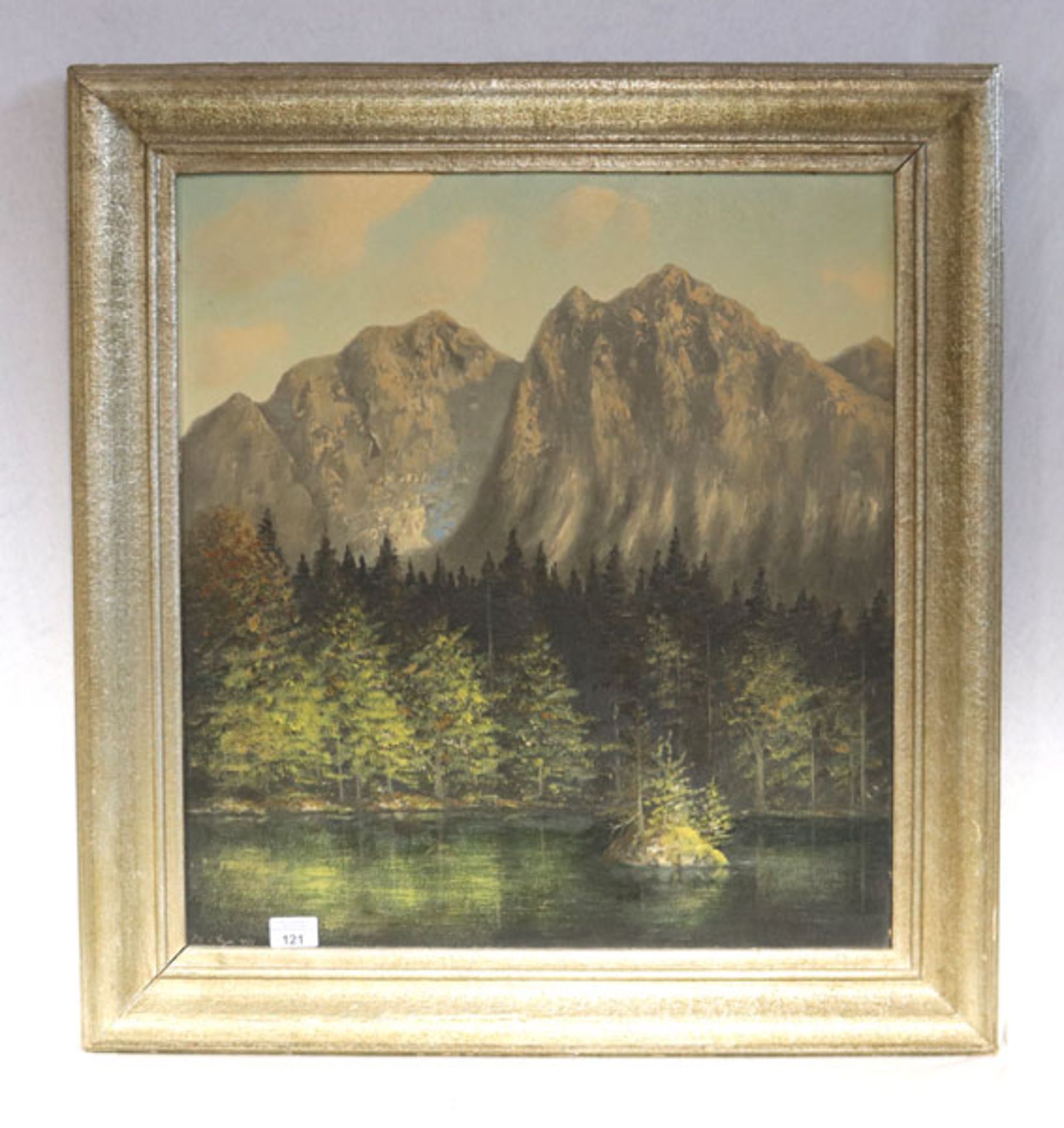 Gemälde ÖL/Hartfaser 'Badersee mit Waxensteinen', unleserlich signiert, 1958, gerahmt, Rahmen