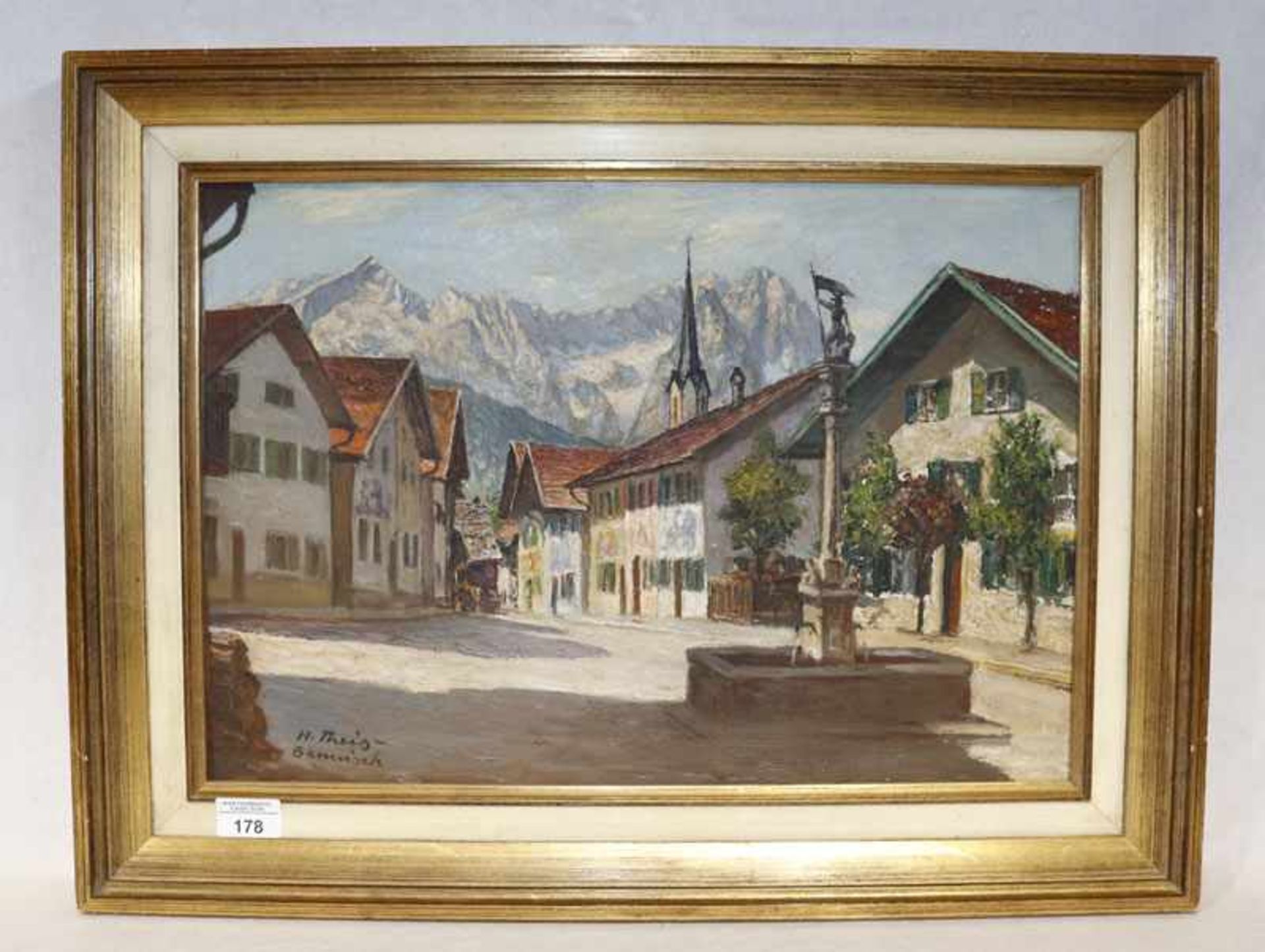 Gemälde ÖL/LW 'Floriansbrunnen in Partenkirchen mit Wettersteingebirge', signiert H. Theis,