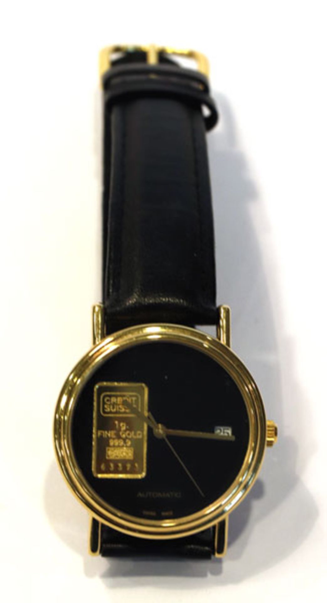 Herren Armbanduhr, Credit Suisse, Automatic, mit Goldbarren 1 gr., Gold 999,9, vergoldetes Gehäuse