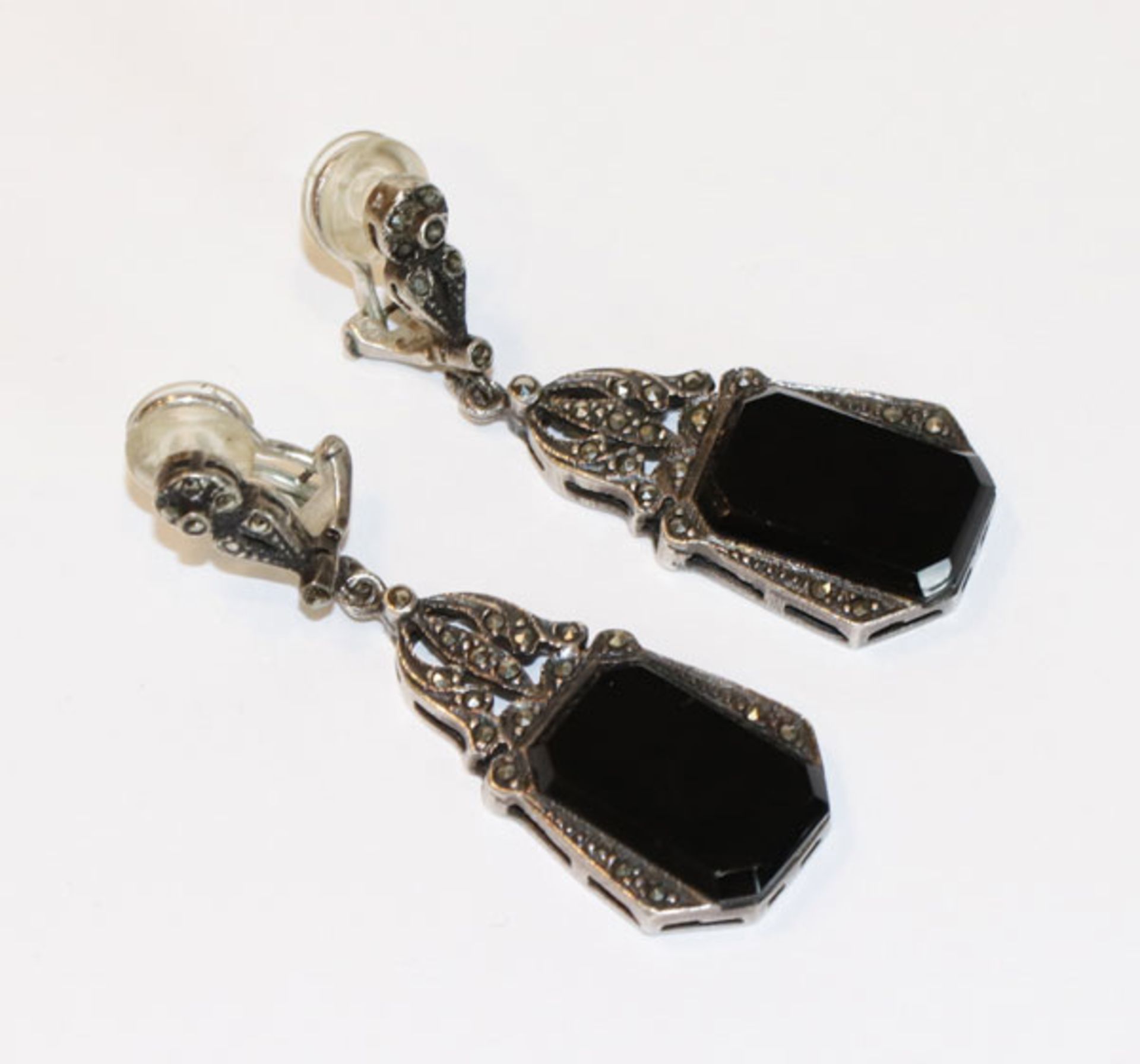 Paar dekorative Silber Ohrclips mit Onyx und Markasiten, L 4,5 cm