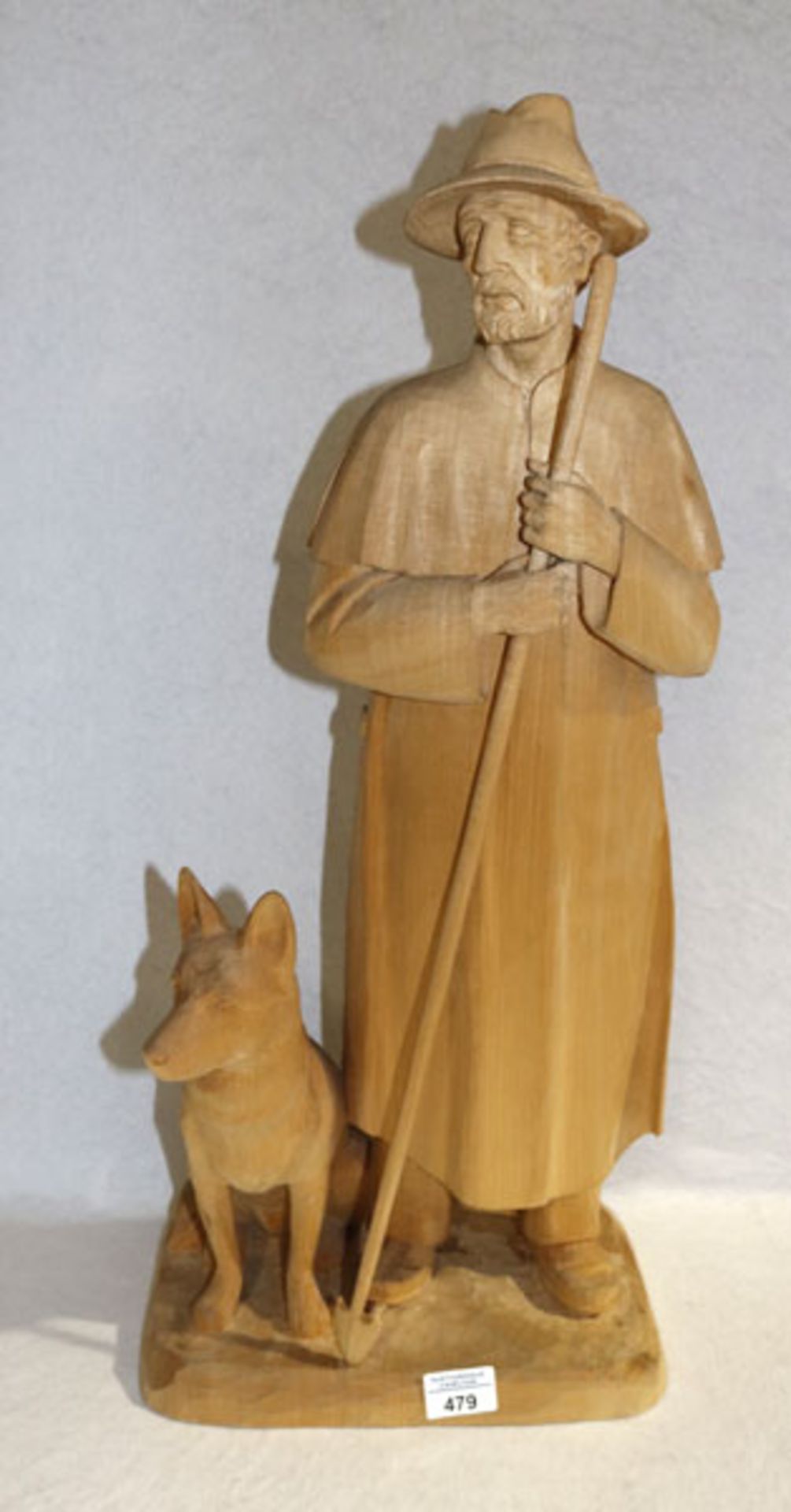 Holz Figurenskulptur 'Schäfer mit Hund', monogrammiert GH datiert 1985, schöne Handarbeit, H 67