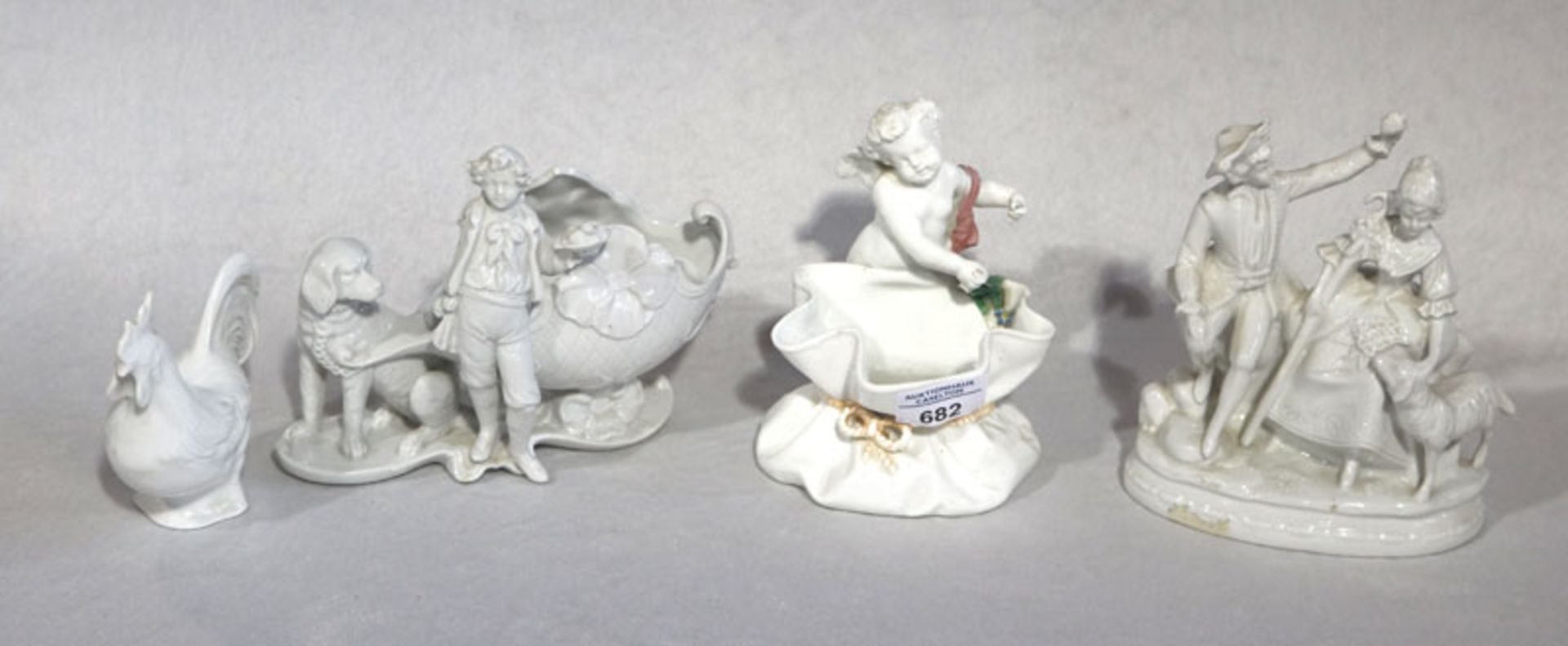 Porzellan-Keramik Konvolut: Paar mit Schaf, H 17 cm, Gockel, H 11 cm, Schale mit Knaben und Hund,