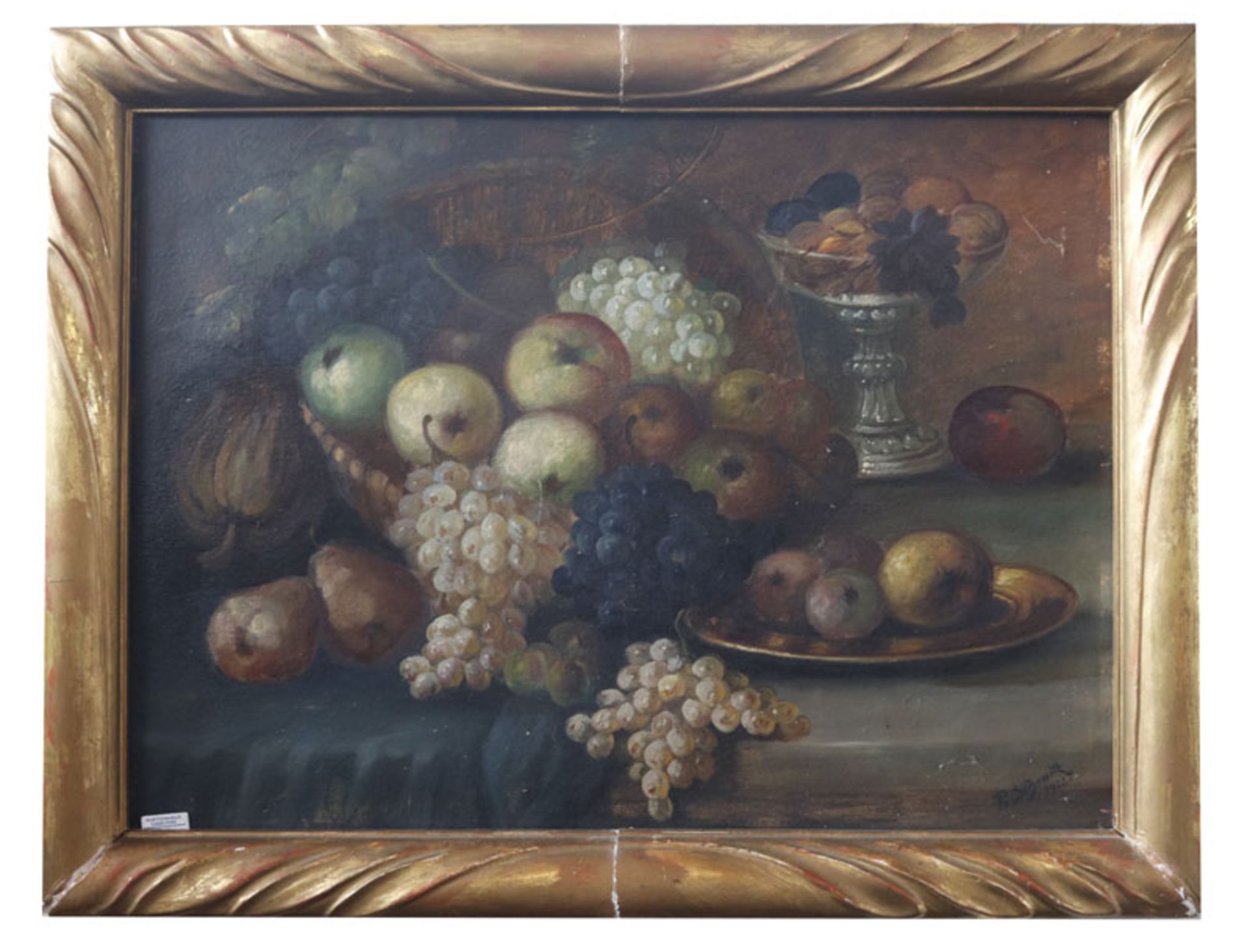 Gemälde ÖL/Malkarton 'Früchte-Stillleben', signiert P. Schmitz, 1922, gerahmt, Rahmen beschädigt,