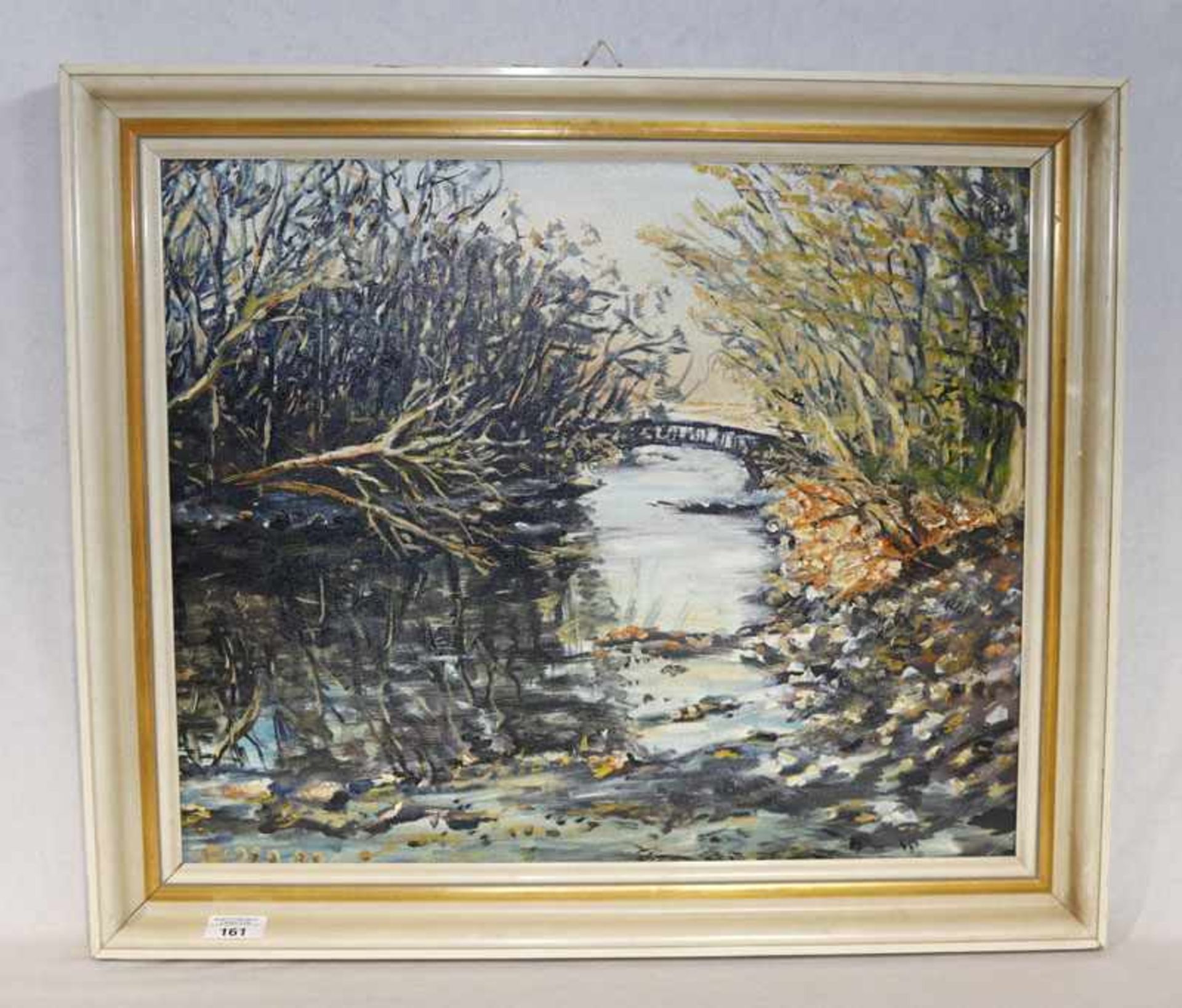 Gemälde ÖL/LW 'Flußlauf mit Brücke', gerahmt, Rahmen bestossen, incl. Rahmen57 cm x 66 cm