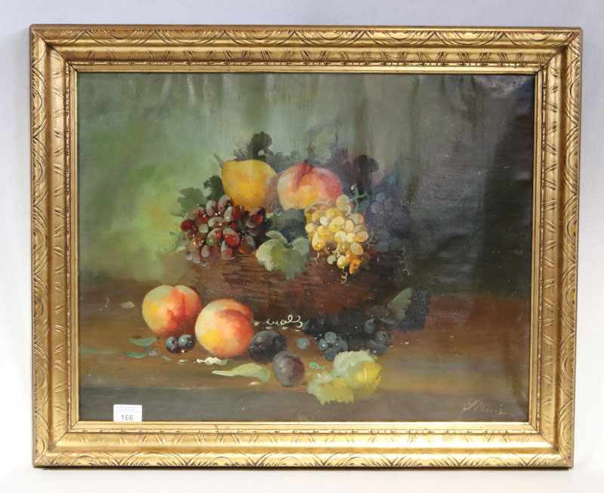 Gemälde ÖL/LW 'Obststillleben', unleserlich signiert, 19. Jahrhundert, LW wellig, gerahmt, Rahmen