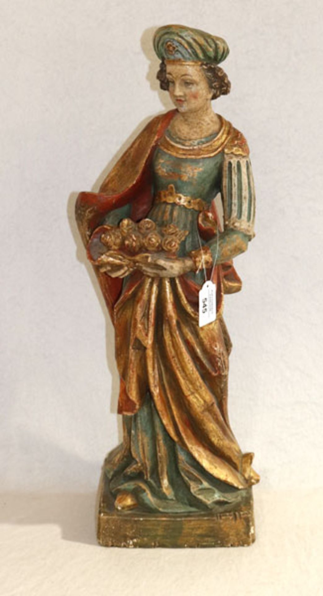 Holz Figurenskulptur 'Heilige Elisabeth', farbig gefaßt, H 62 cm, bestossen und berieben