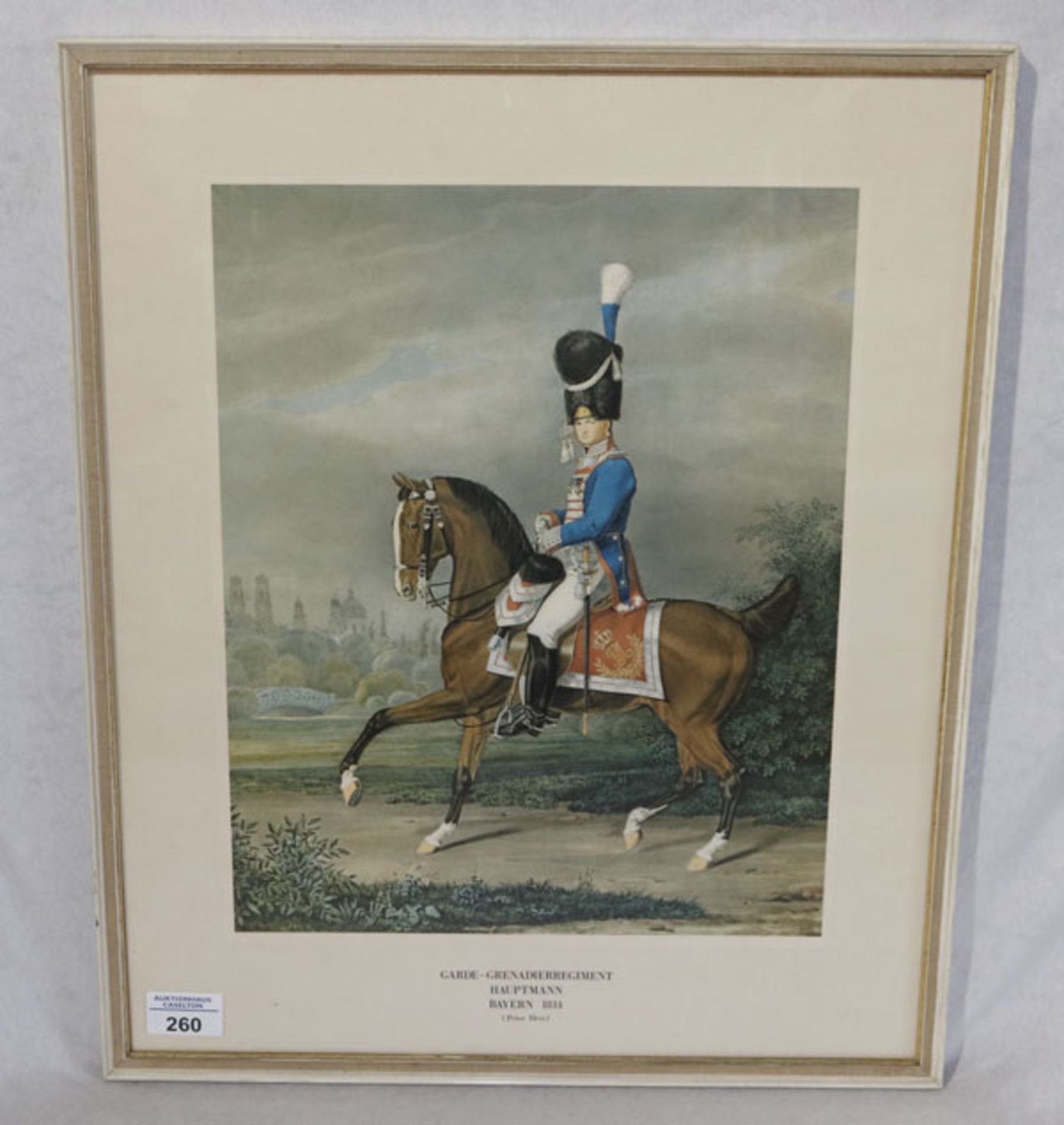 Druck 'Garde-Grenadierregiment Hauptmann Bayern 1814', Peter Hess, unter Glas gerahmt, Rahmen