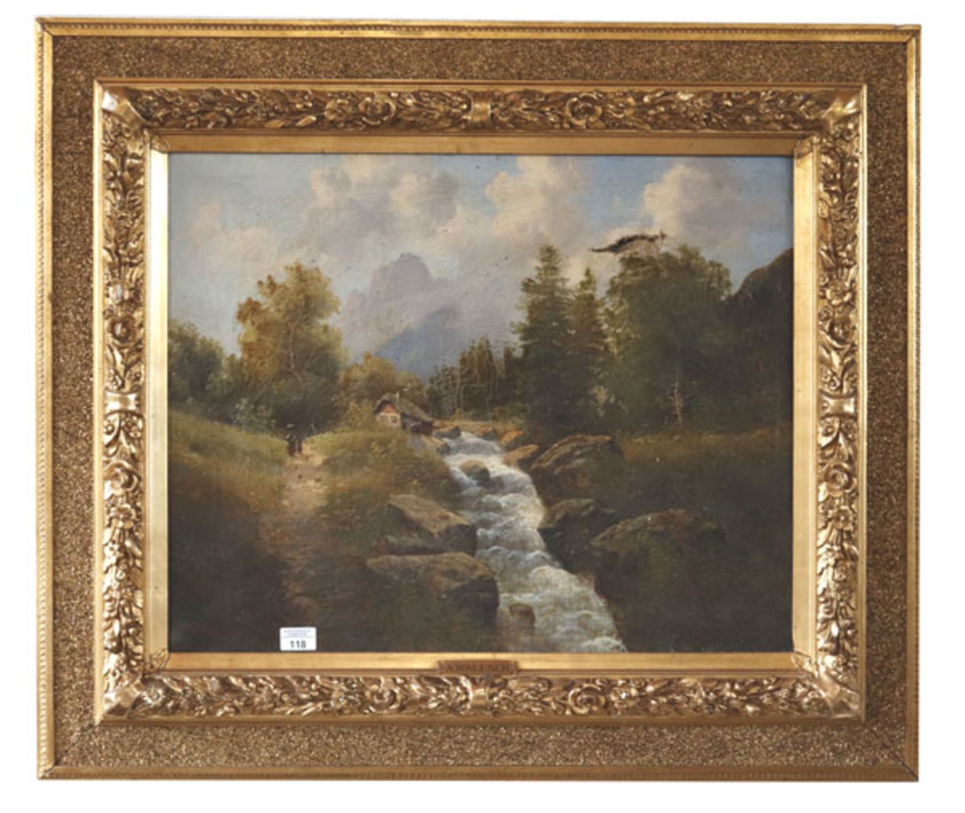 Gemälde ÖL/LW 'Romantische Landschafts-Szenerie mit Bachlauf', signiert A. Wallner, wohl Anton, LW