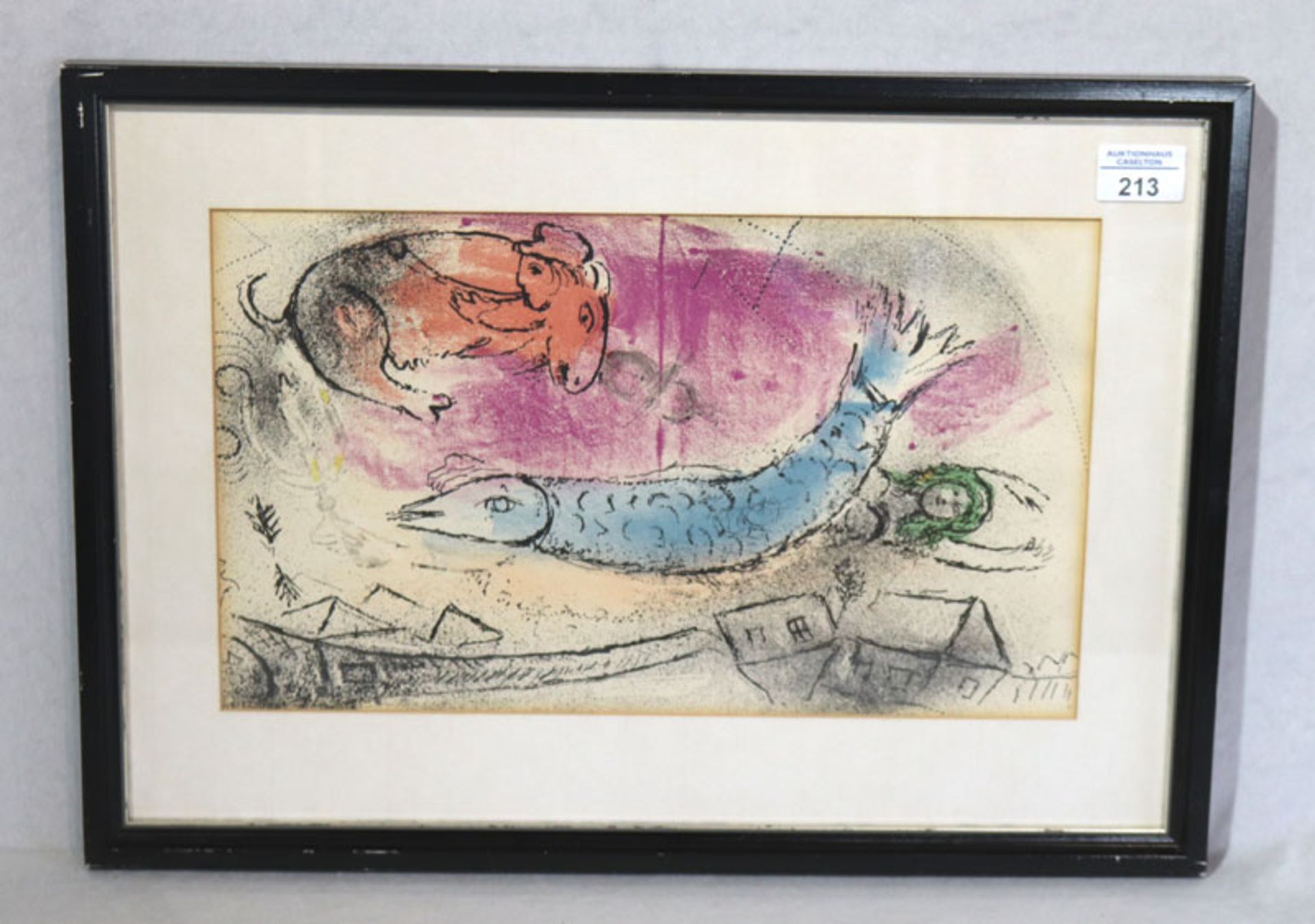 Druck in der Art von Marc Chagall 'Fliegender Fisch', mit Passepartout unter Glas gerahmt, Rahmen