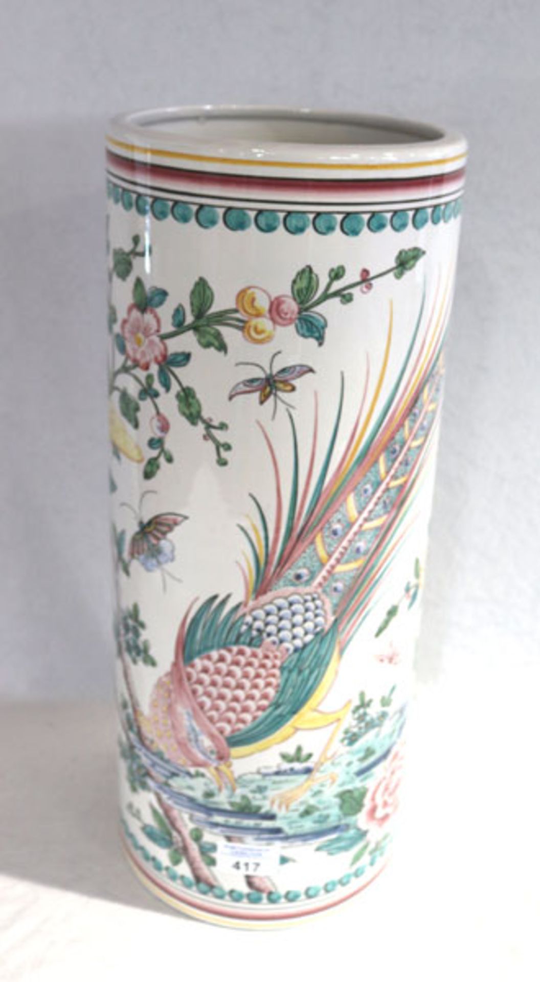 Portugiesische Keramik Bodenvase mit handbemaltem Blumen- und Tierdekor, H 49 cm, D 20 cm,