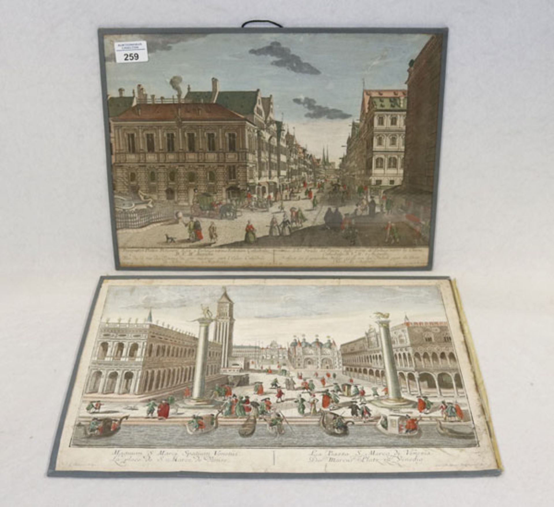 2 Veduten 'Augsburg' und 'Venedig', Georg Balthasar Probst, Blätter fleckig und beschädigt, 32 cm