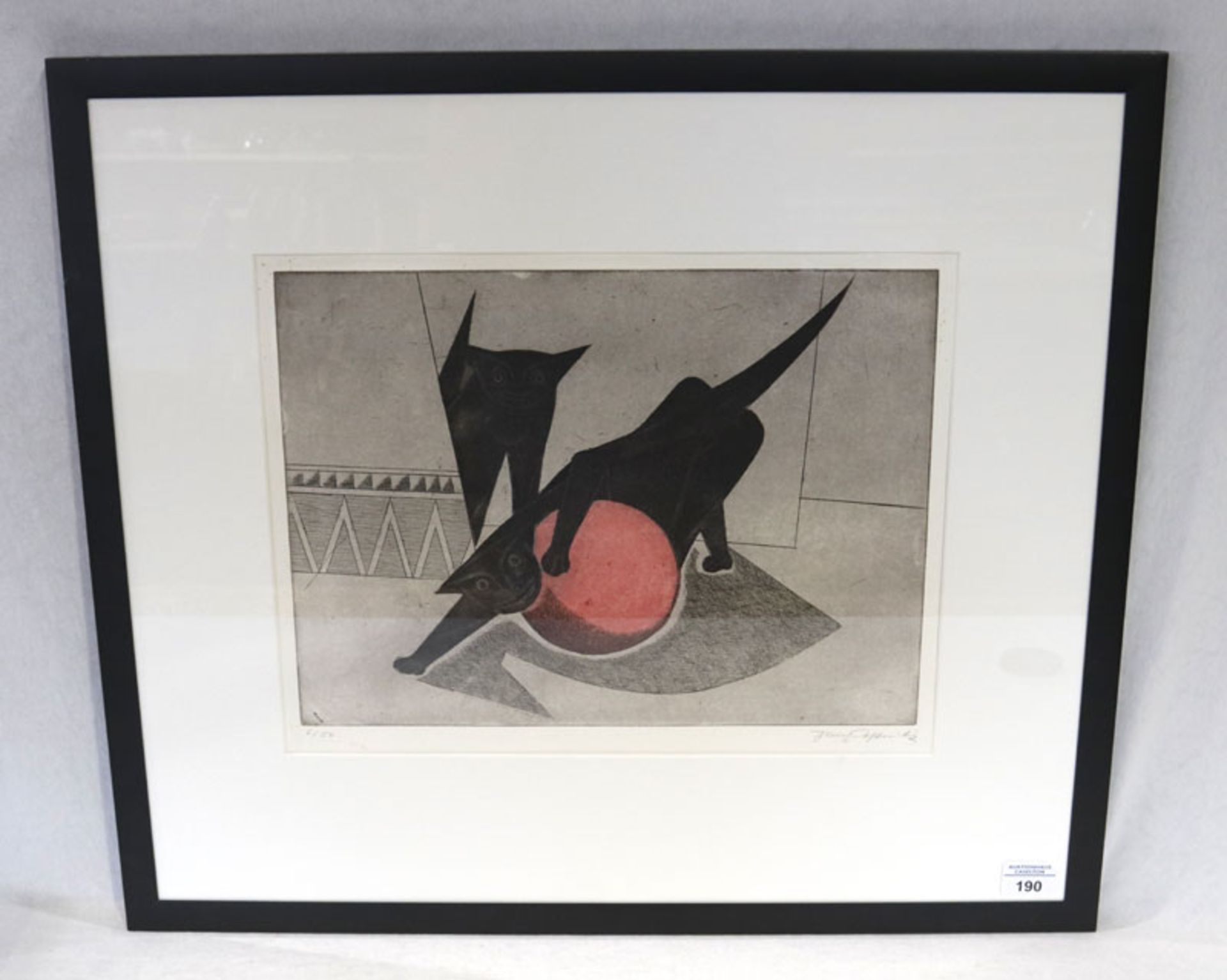 Lithographie '2 schwarze Katzen mit Ball', Nr. 6/50, unleserlich signiert Franz ..., Blatt