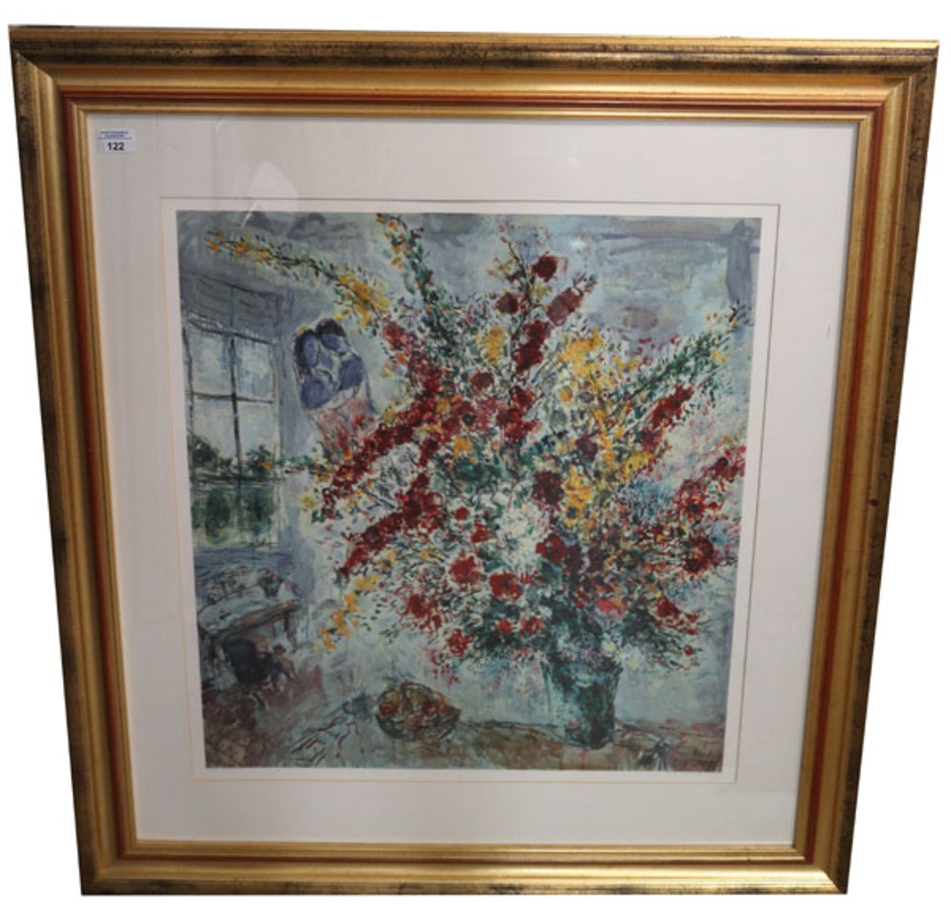 Lithographie 'Strauss am Fenster', nach Marc Chagall, mit Passepartout unter Glas gerahmt, Rahmen