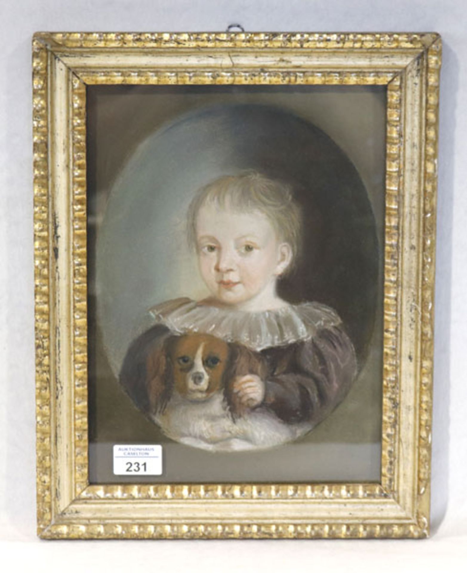 Gemälde Pastell 'Kind mit Hund', bez. Copie n. Rothe Erlangen, unter Glas gerahmt, Rahmen