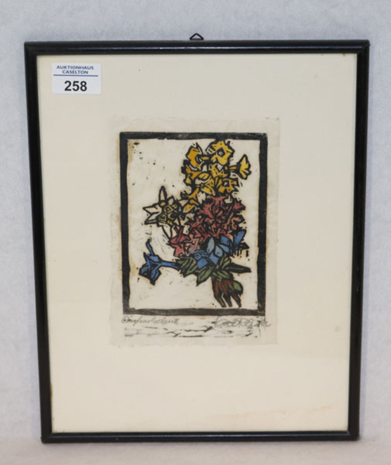 Originalholzschnitt 'Alpenblumen', signiert Carl Reiser, * 1877 Partenkirchen + 1950 München, Maler,