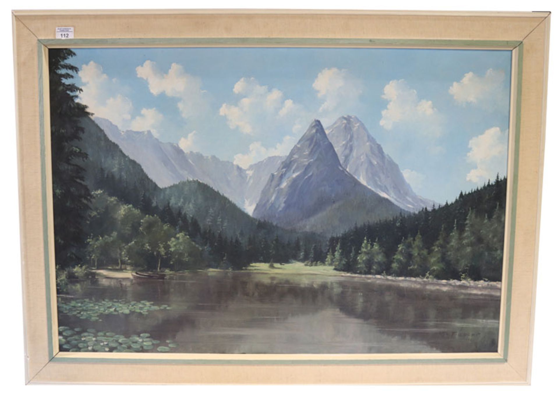 Gemälde ÖL/LW 'Riessersee mit Waxensteinen', signiert Otto Fiedler, 1954, gerahmt, Rahmen