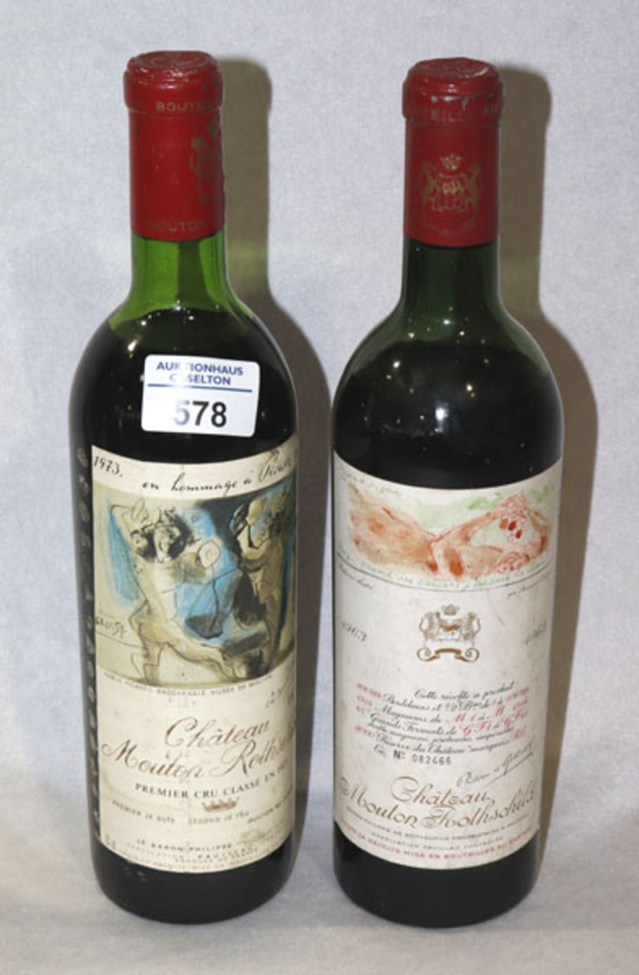 2 Flaschen Rotwein: Chateau Mouton Rothschild, Premier cru Classe en 1973, Picassolabel, und Chateau