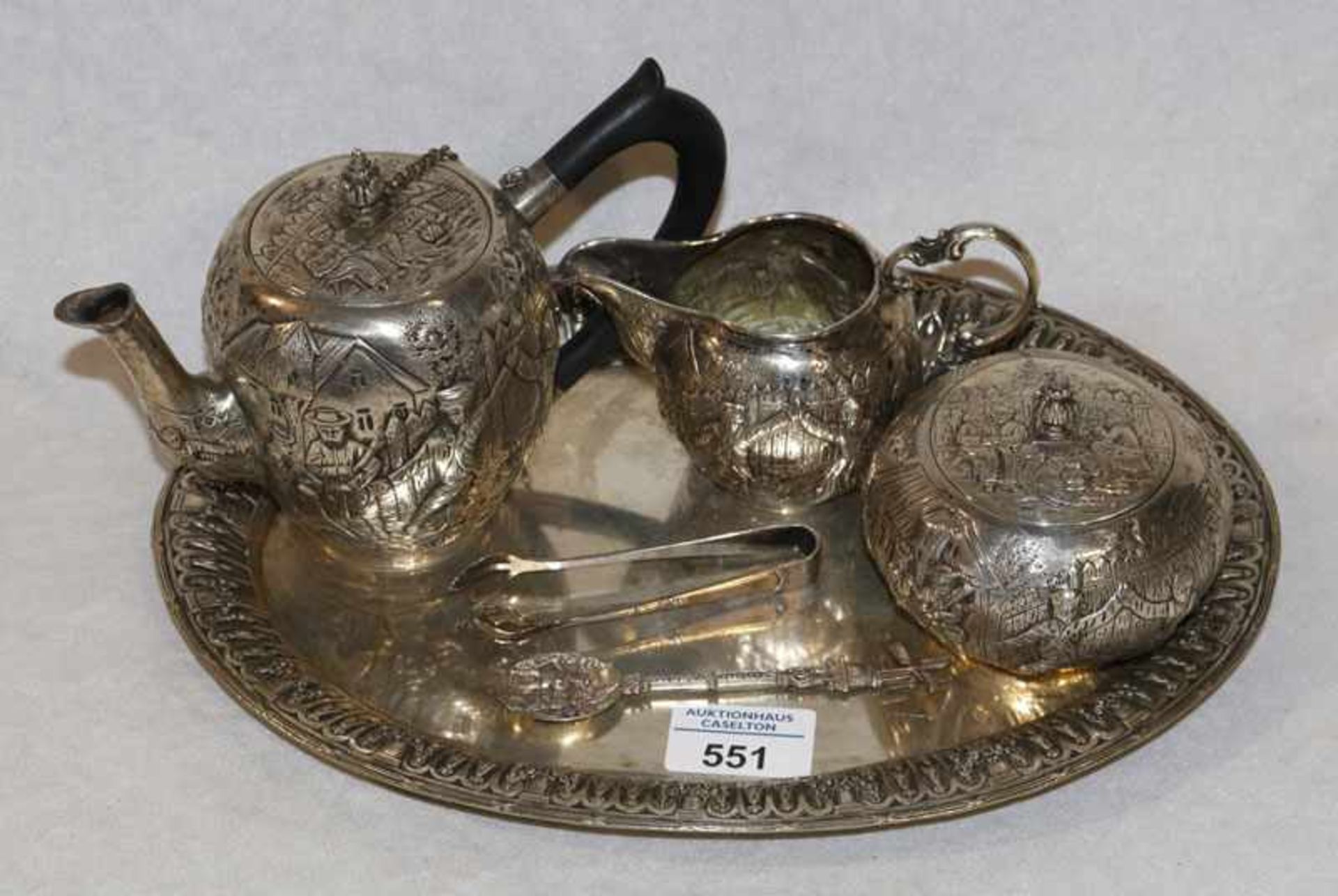 Tee-Service, Teekanne, Milch und Zucker auf Tablett, 800 Silber Niederlande, 1007 gr., mit