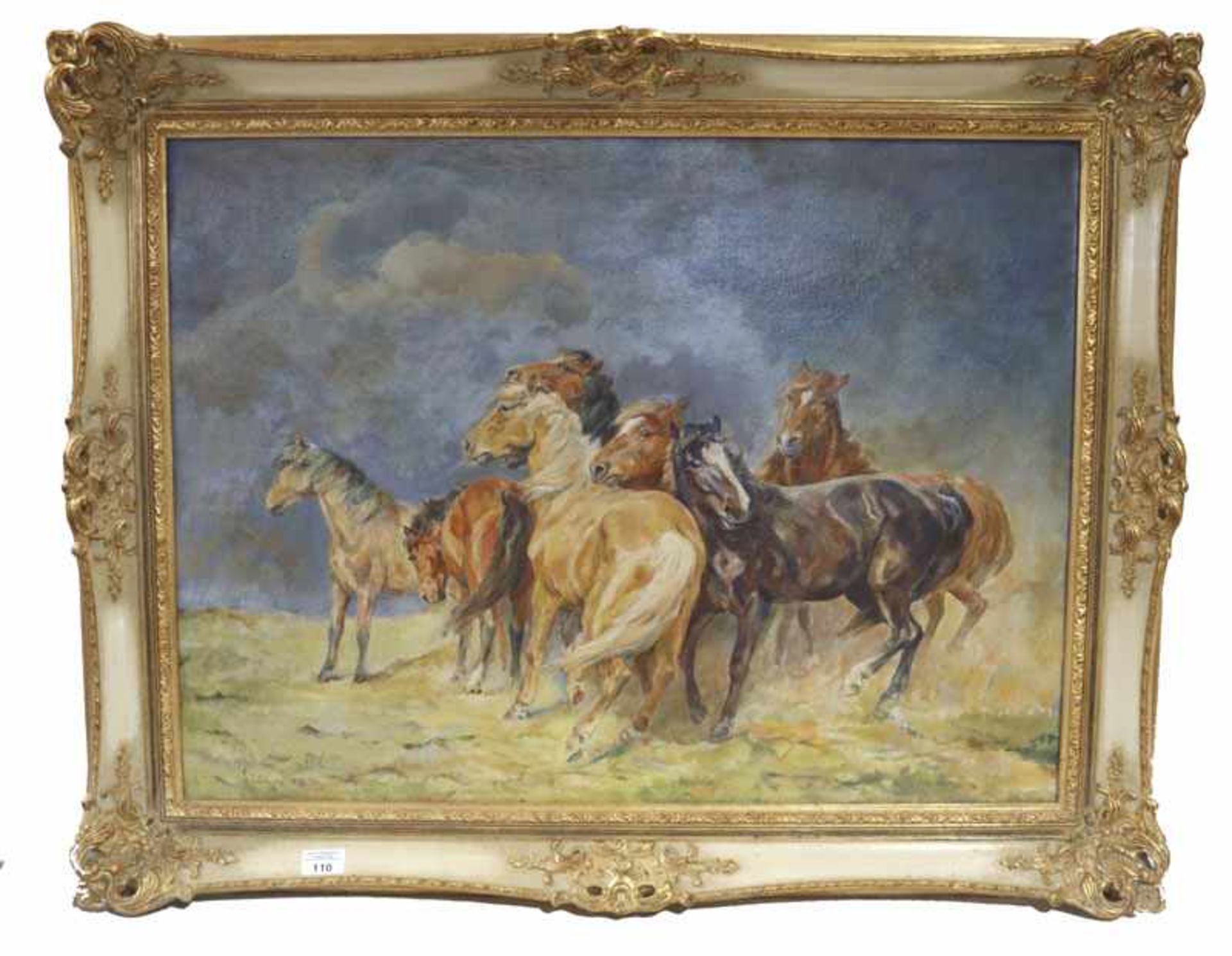 Gemälde ÖL/LW 'Wildpferde', undeutlich signiert, gerahmt, incl. Rahmen 77 cm x 97 cm