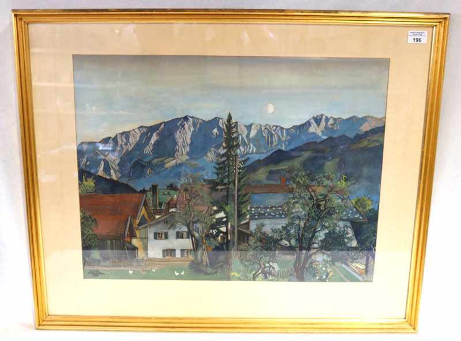 Gemälde Mischtechnik 'Bauernhäuser vor Dreitorspitze', signiert Carl Reiser, datiert 33, * 1877