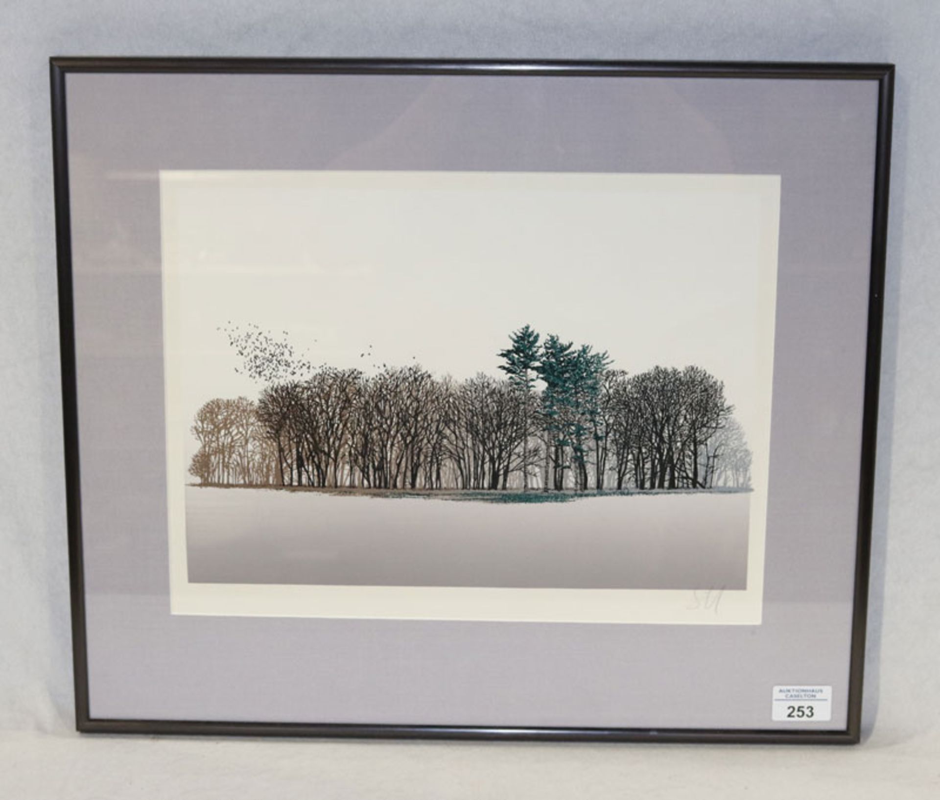 Druck 'Bäume im Winter', monogrammiert SU, mit Passepartout unter Glas gerahmt, incl. Rahmen 44 cm x