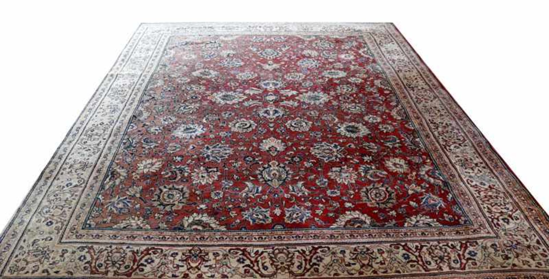 Teppich, rot/blau/beige, teils verblast, teils fleckig, Gebrauchsspuren, 350 cm x 260 cm