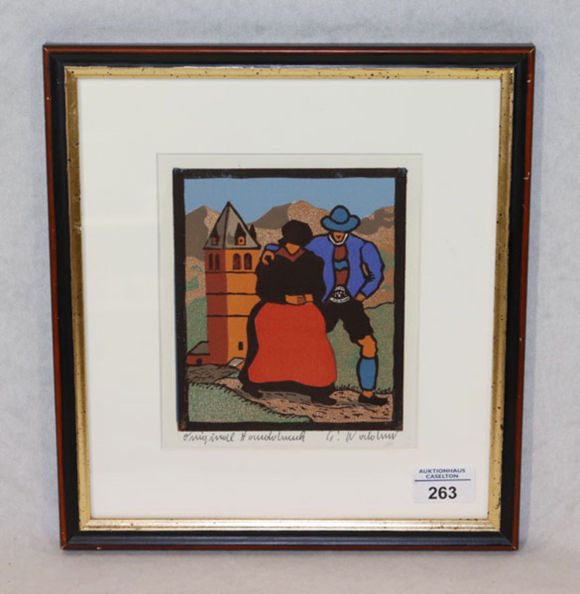 Farbiger Linolschnitt 'Trachtenpaar in Kitzbühel', signiert P. (Peter) Waldner, * 1948 Innsbruck,