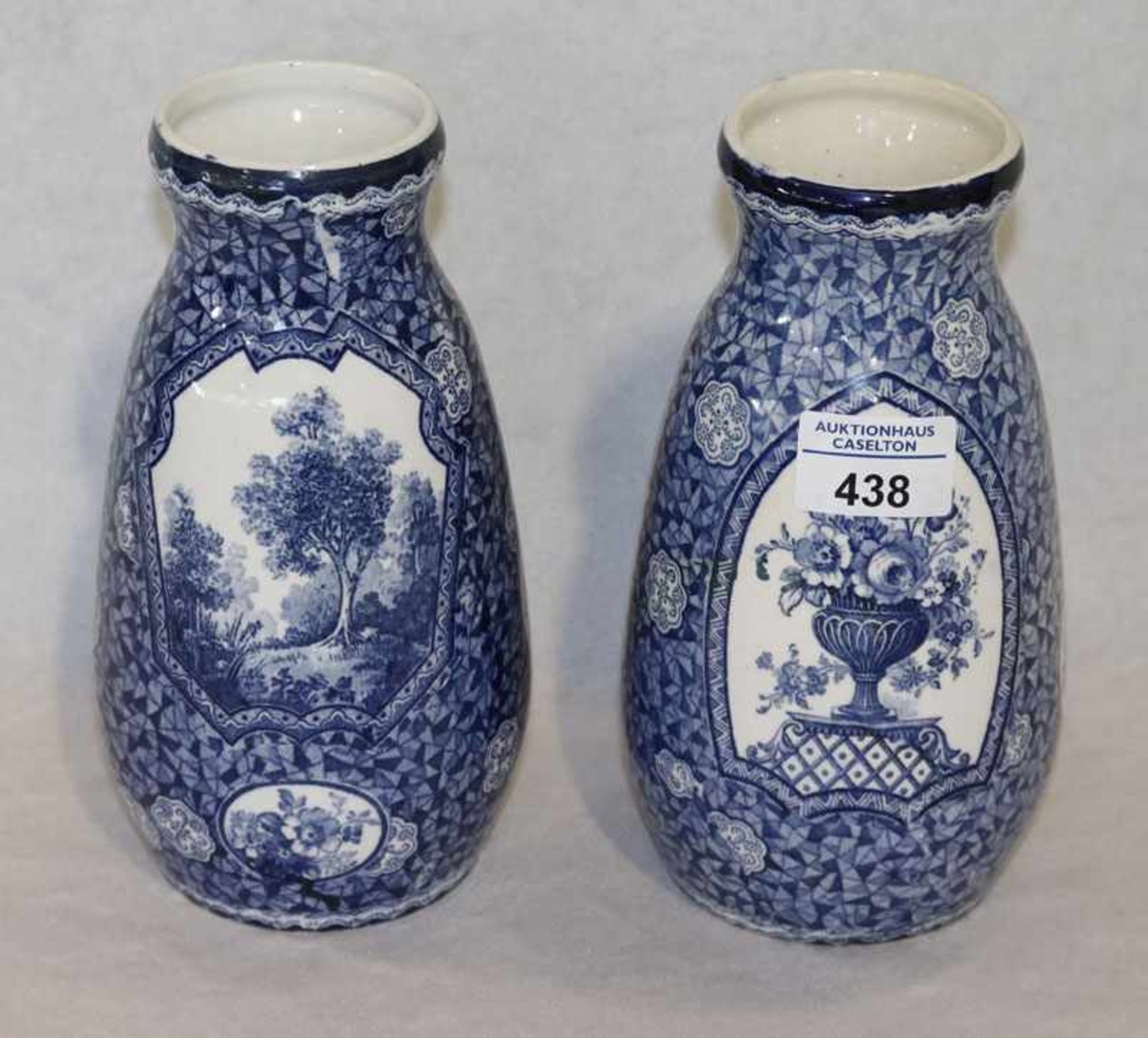 Paar Keramik Blumenvasen mit blauem Dekor, H 21 cm, D 12 cm, Gebrauchsspuren