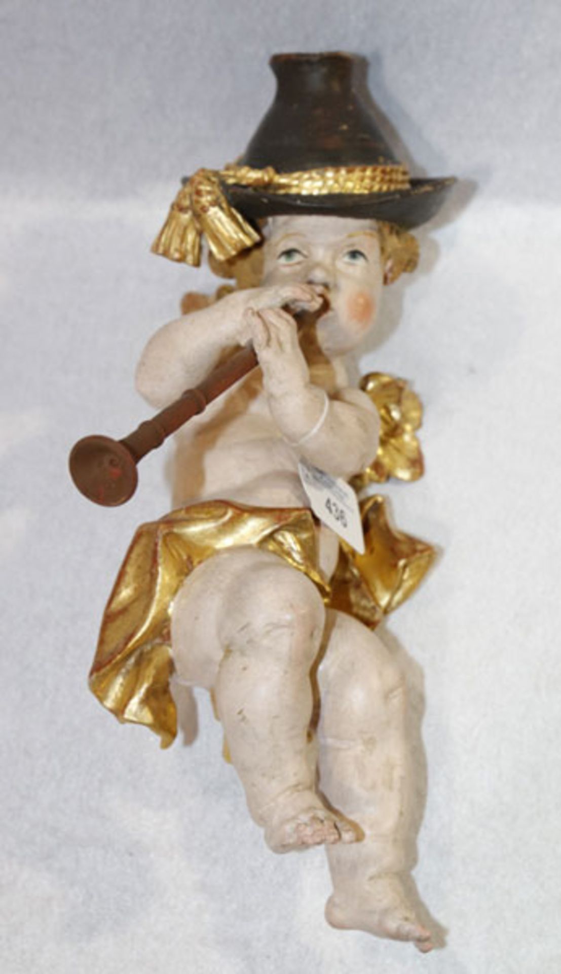 Holz Figurenskulptur 'Musizierneder Engel mit Hut', farbig gefaßt, Holzschnitzerei Toni Baur,
