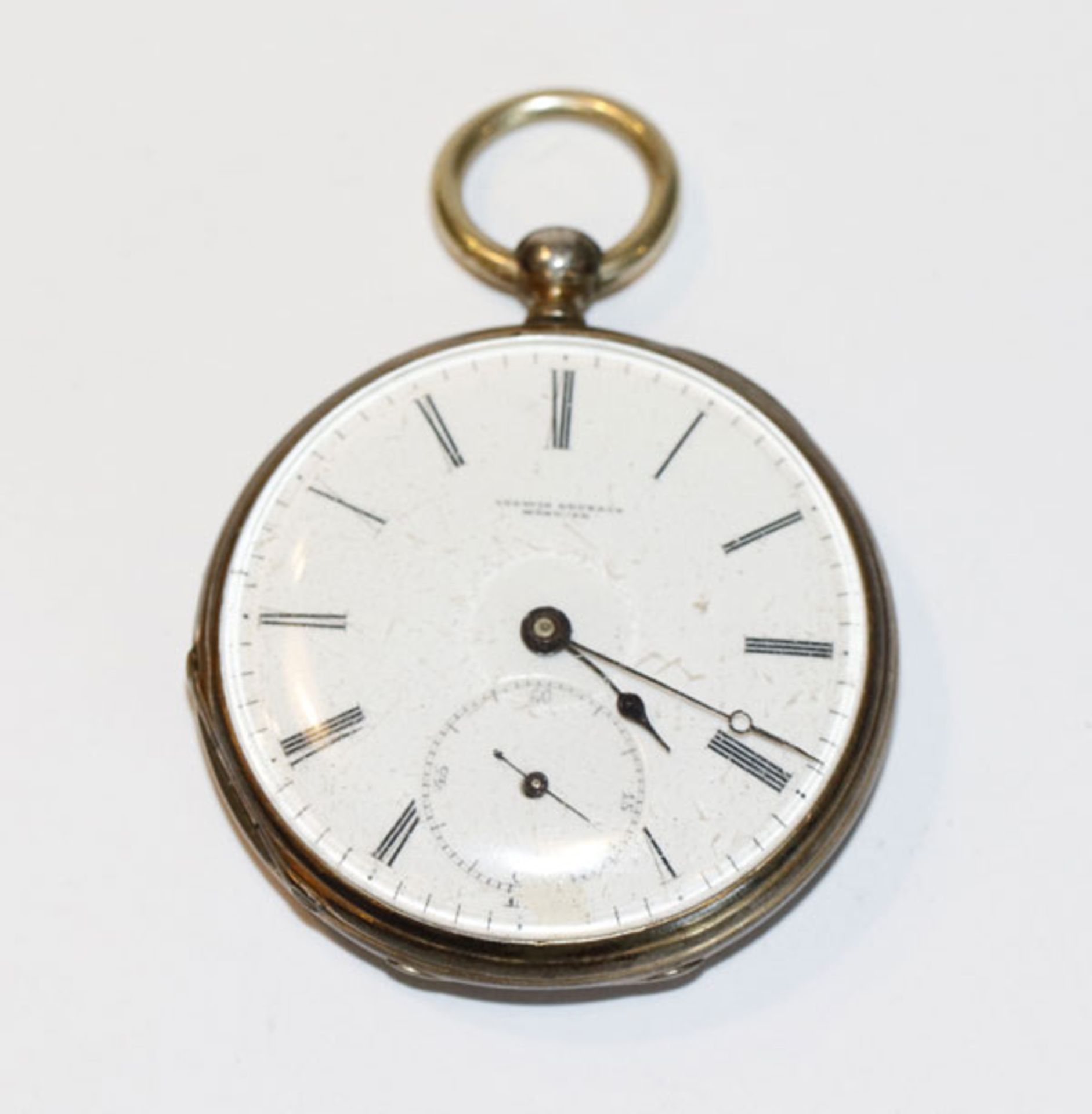 Silber Taschenuhr, Ludwig Leubach München, Zifferblatt beschädigt, intakt, D 4,5 cm, Tragespuren