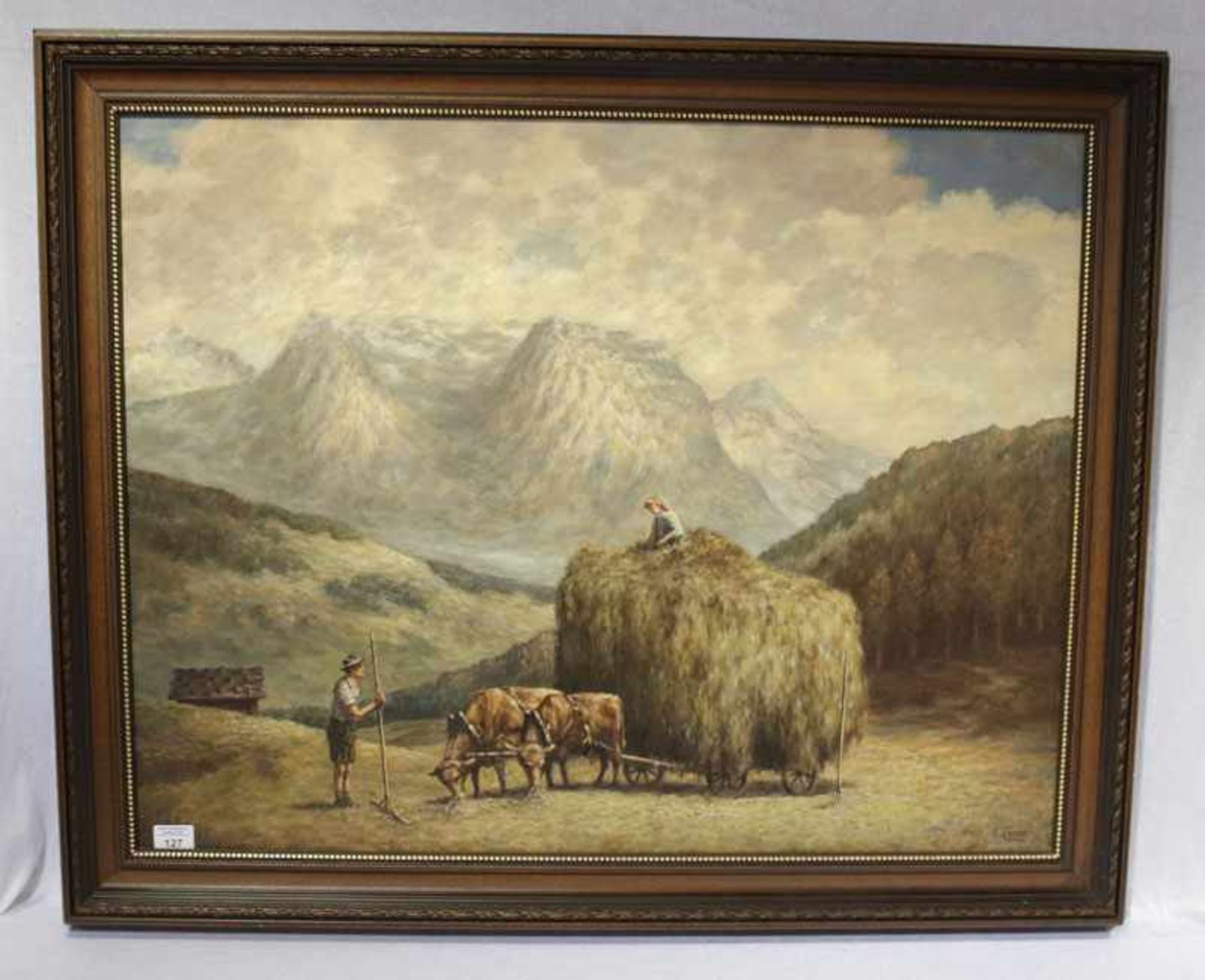 Gemälde ÖL/LW 'Heuernte im Hochgebirge mit Ochsenfuhrwerk', signiert K. Rippe, gerahmt, Rahmen