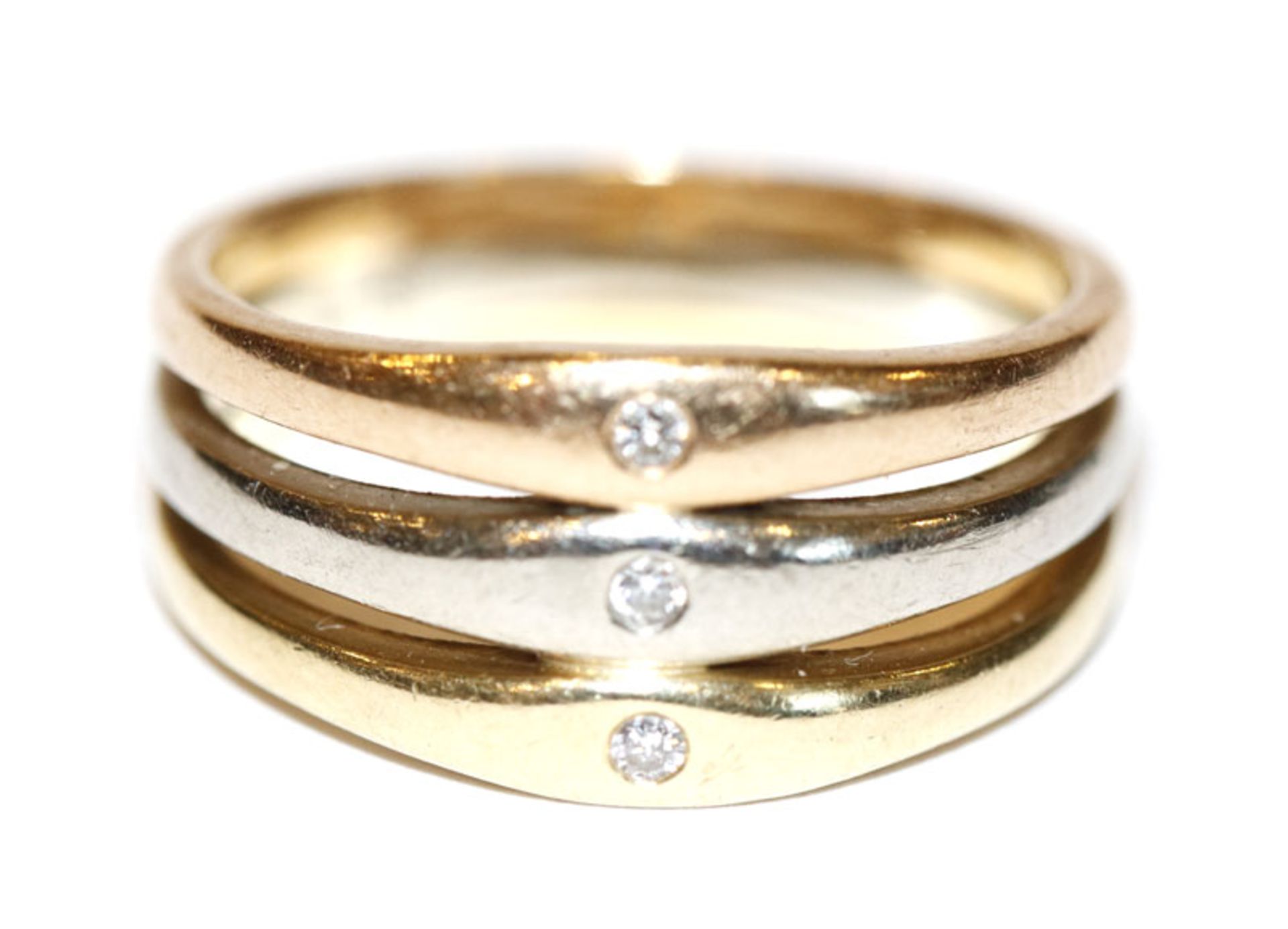 14 k Gelb,- Rosé- und Weißgold Ring und 3 kleinen Diamanten, 6,4 gr., Gr. 55