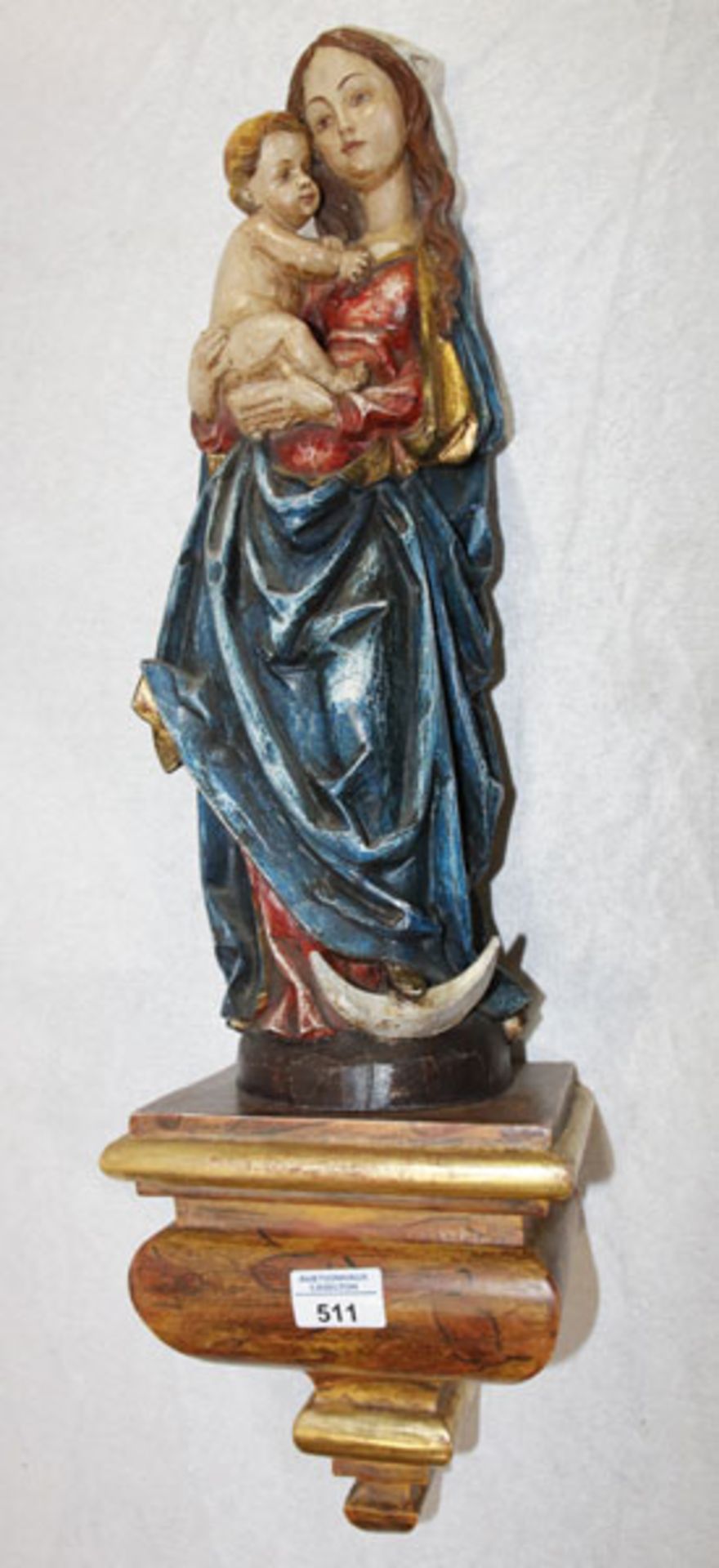 Holz Figurenskulptur 'Ramsauer Madonna', handgeschnitzt, farbig gefaßt, teils mit Blattgold,