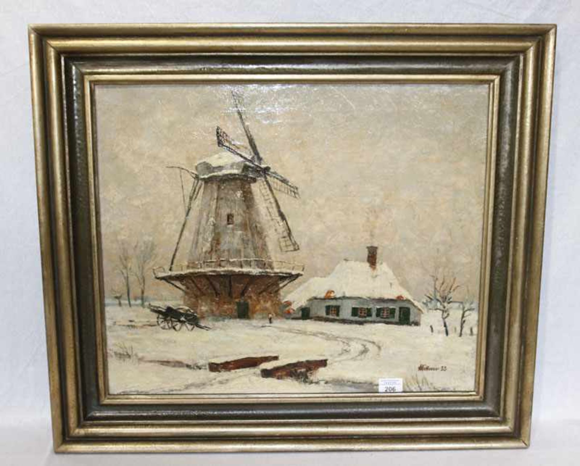 Gemälde ÖL/LW 'Winterlandschaft mit Windmühle', signiert Mittner ?, datiert 33, gerahmt, Rahmen