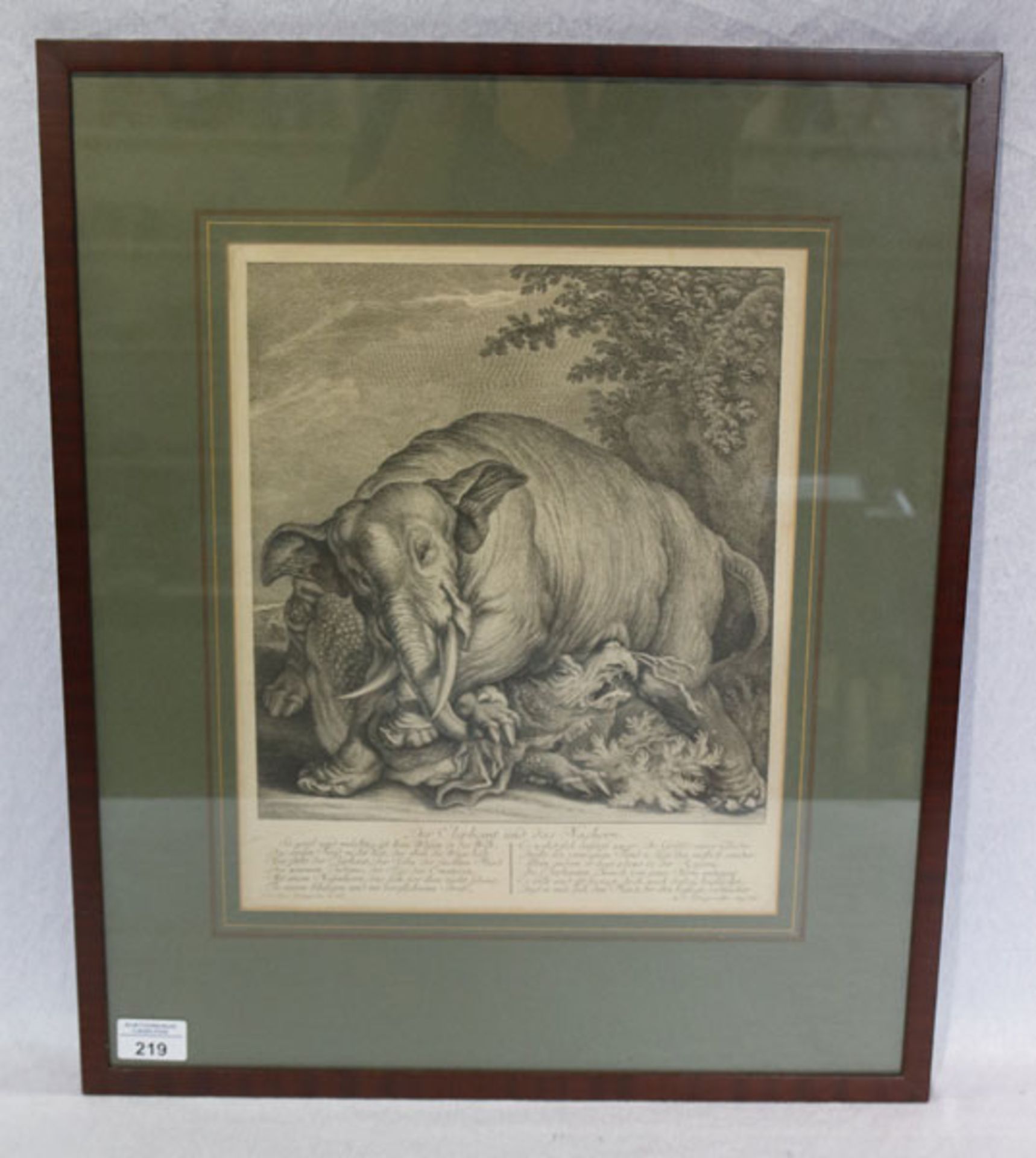 Stich 'Elefant und das Nashorn', nach Ridinger, rückseitig beschrieben, mit Passepartout unter