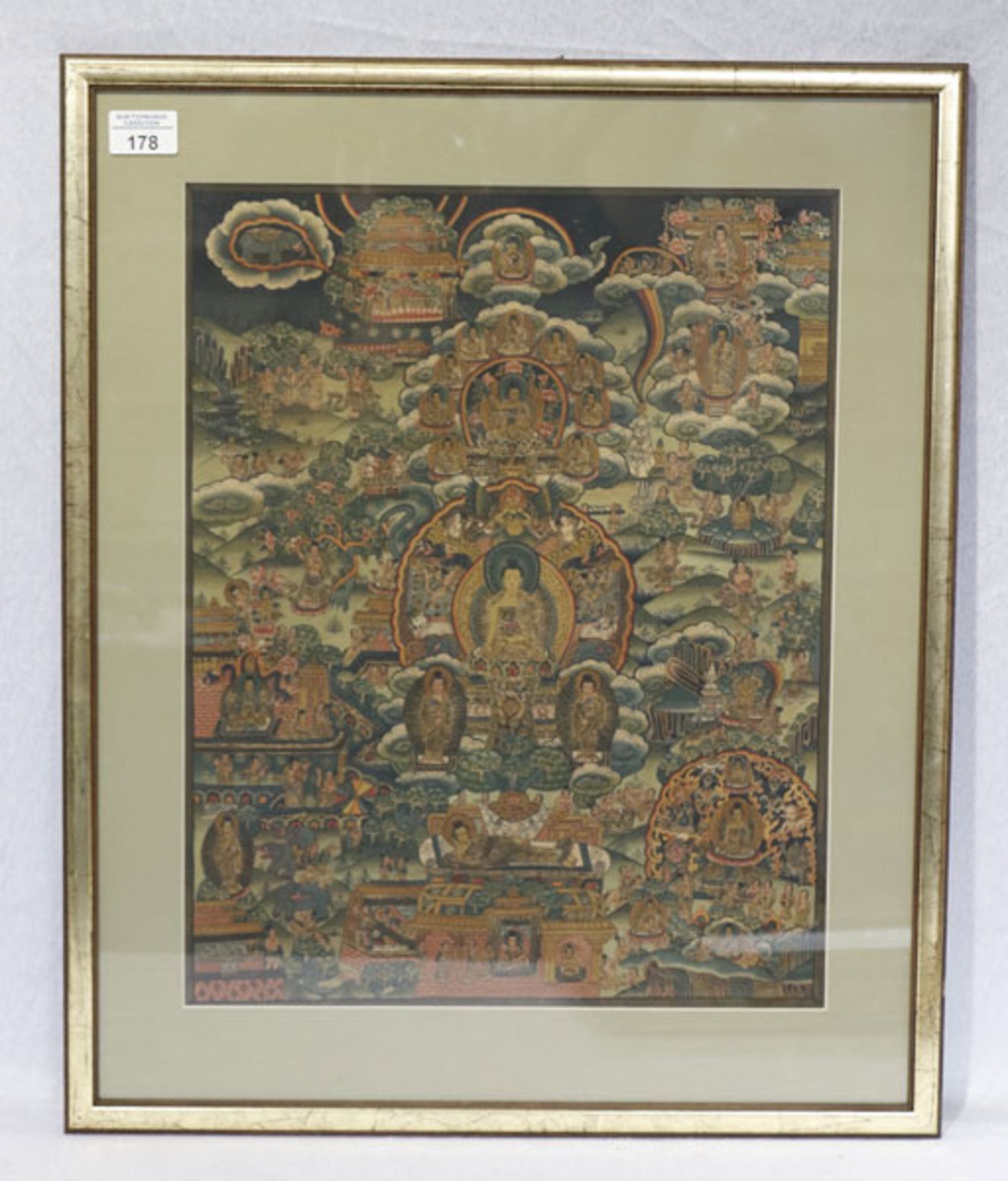 Asiatischer Tanka mit verschiedenen Buddha-Darstellungen, fein bemalt, mit Passepartout unter Glas