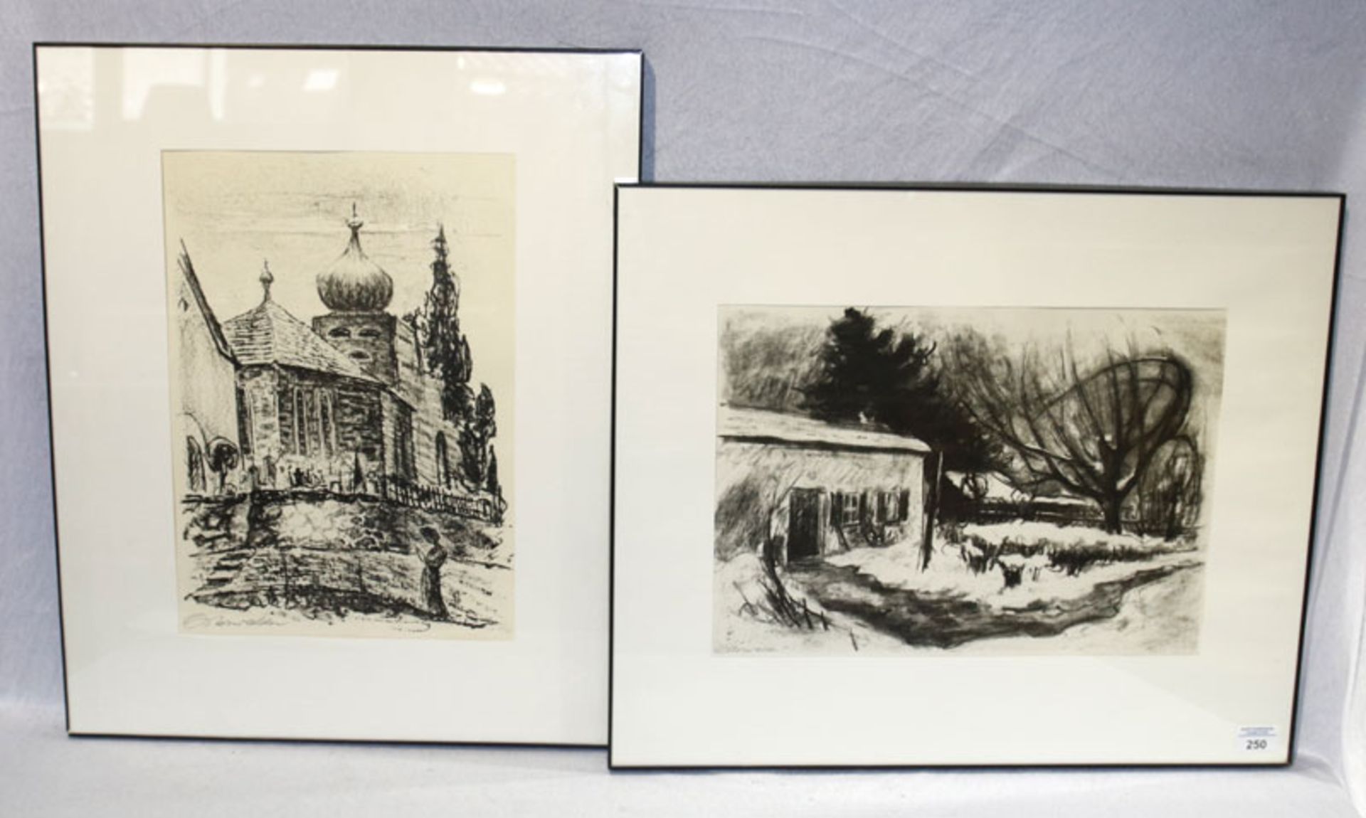 2 Lithographien 'Kirche' und 'Winter-Szenerie', handsigniert Gottlieb Osterwalder, * 1908 + 1988,