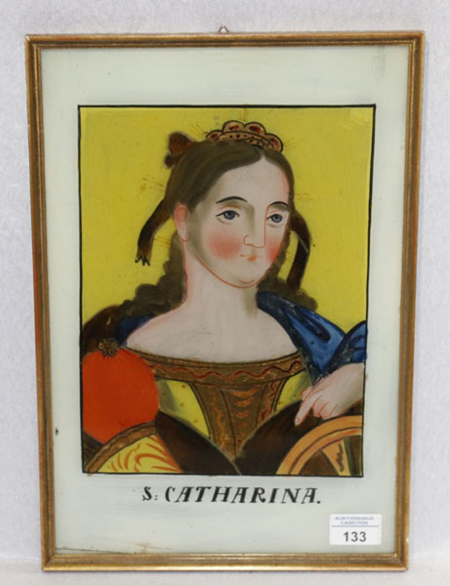 Hinterglasbild 'S. Catharina', um 1900, gerahmt, Rahmen bestossen, incl. Rahmen 39 cm x 27 cm