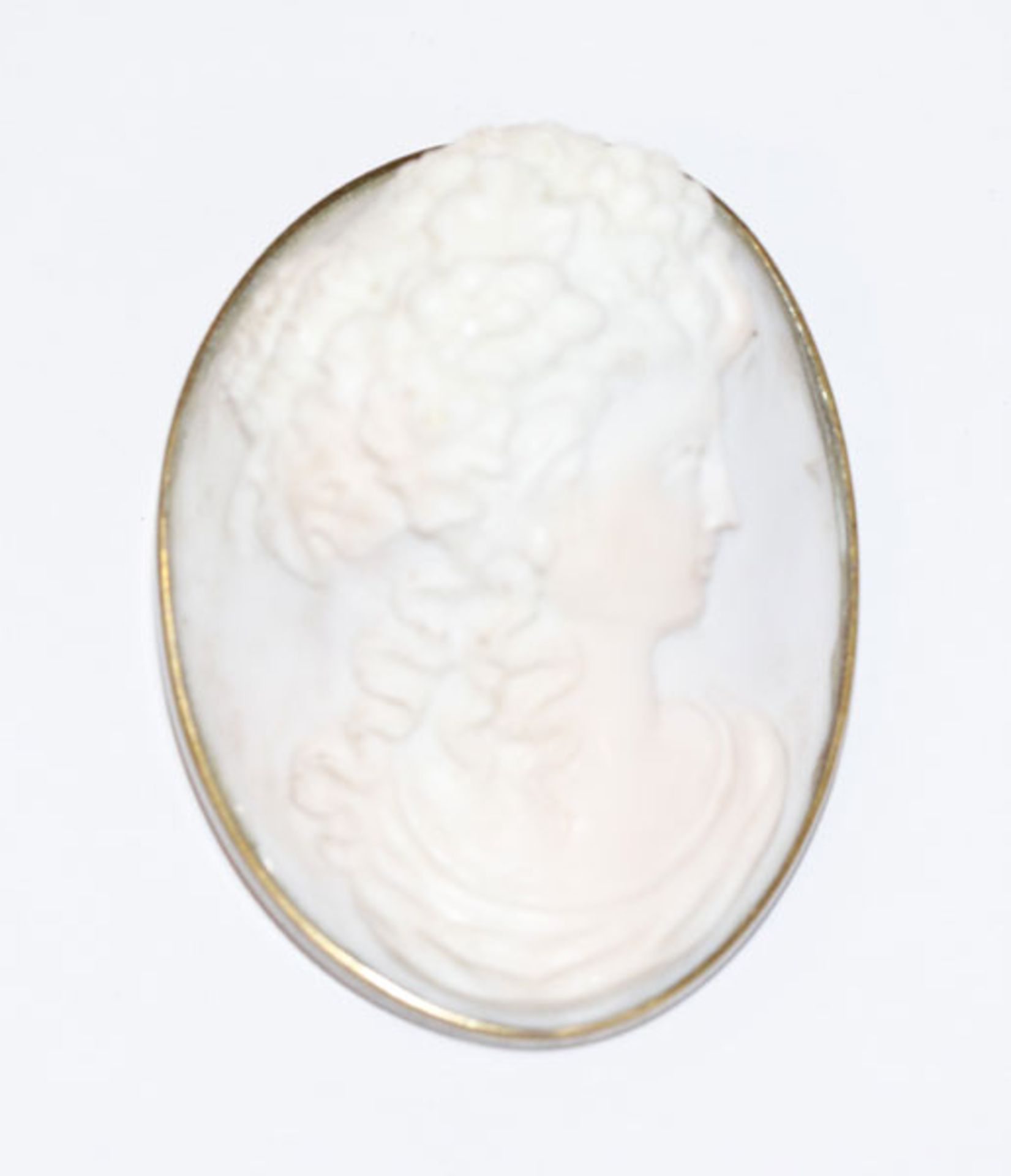 Gemmenbrosche, Doubléfassung mit Muschelgemme, Damenbildnis, 5,5 cm x 4 cm