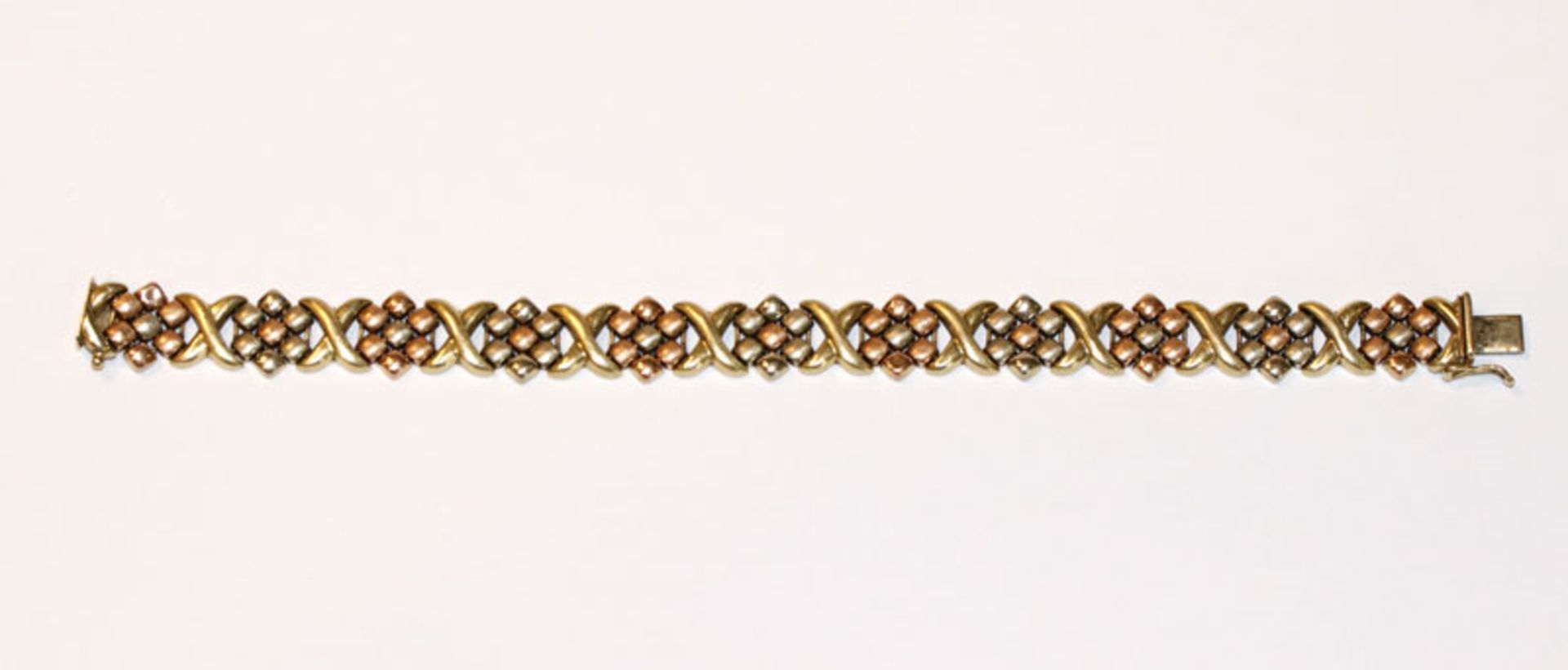 14 k Gelb- und Roségold Armband, in Floralmuster, teils mattiert, 21,5 gr., L 20 cm