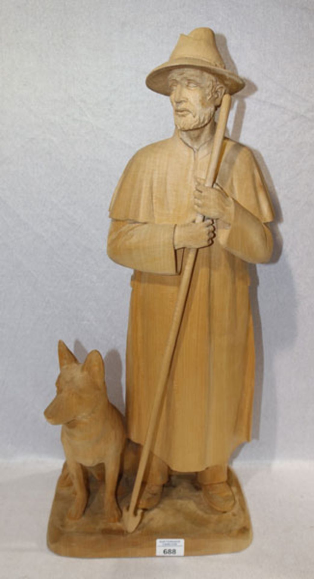 Holz Figurenskulptur 'Schäfer mit Hund', monogrammiert GH datiert 1985, schöne Handarbeit, H 67